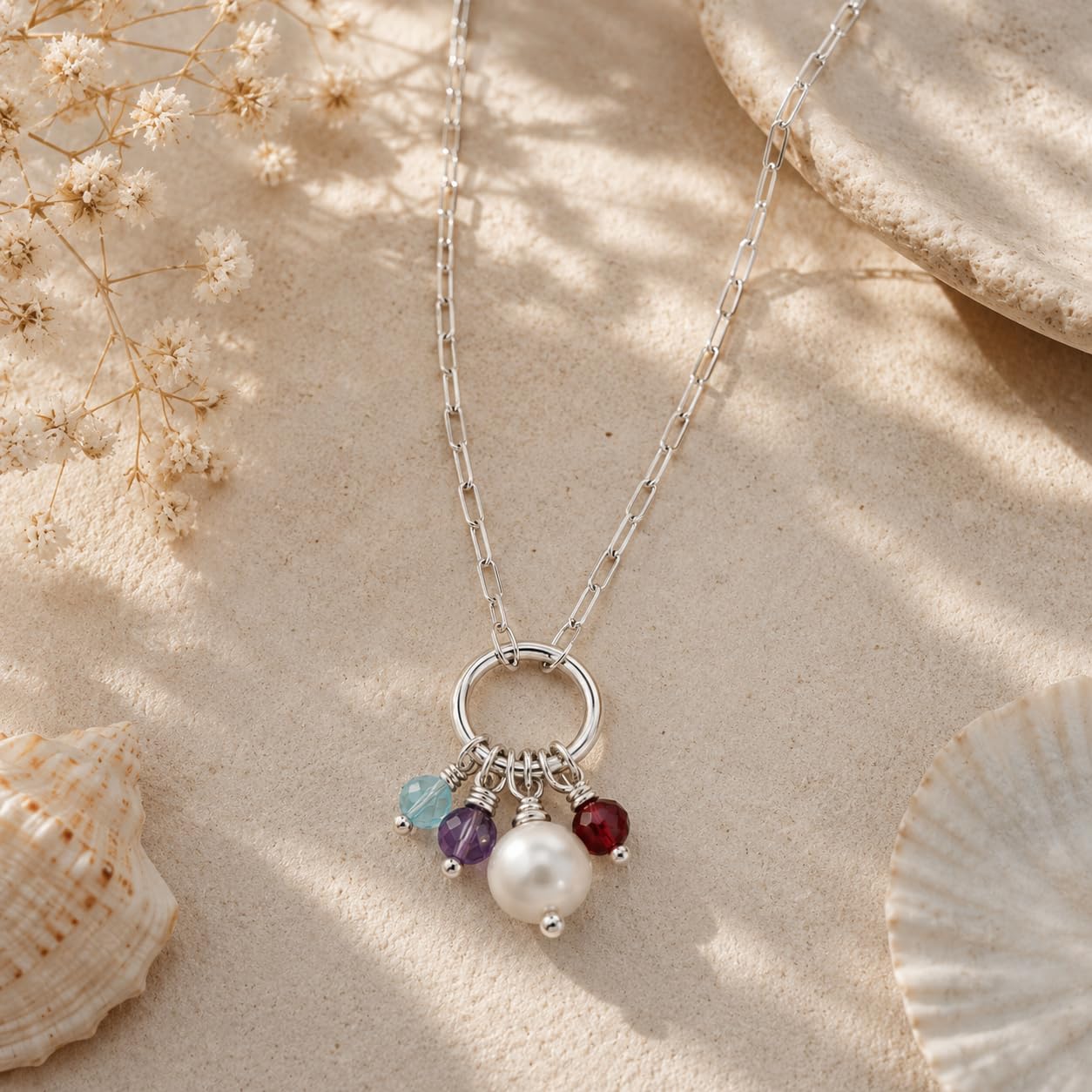 Collar Mujer Plata de Ley Verificada, Cadena de Eslabones Diamantada con Cierre de Anilla Porta Colgante de Piedras Semipreciosas Naturales, Regalo Mujer