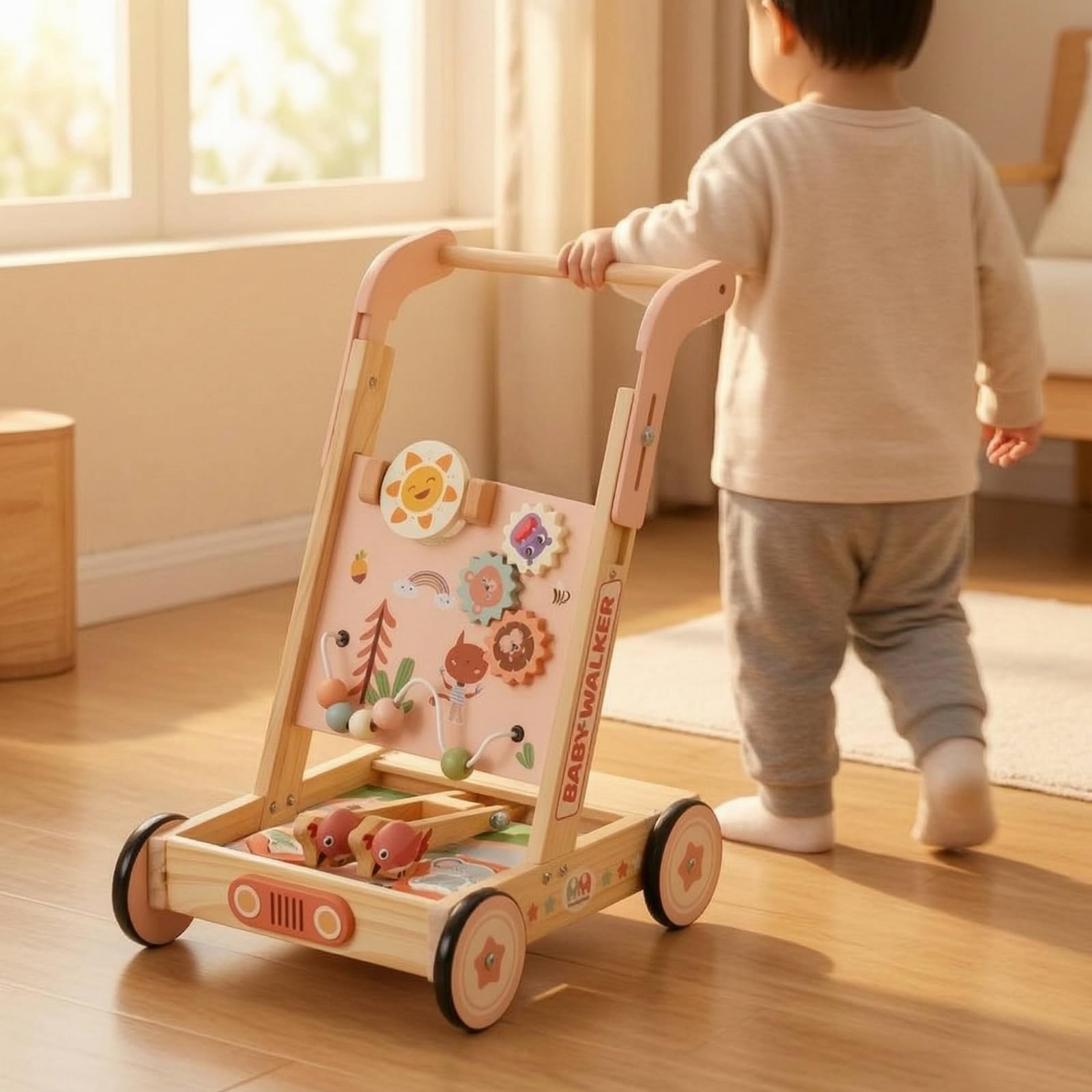 Amagogo Kinder Lernlaufwagen Holz Lauflernwagen Spielcenter Schiebewagen Aktivitätsboard mit Tiermotiven Zahnrädern Perlenbahn Robuster Rahmen Vier Räder