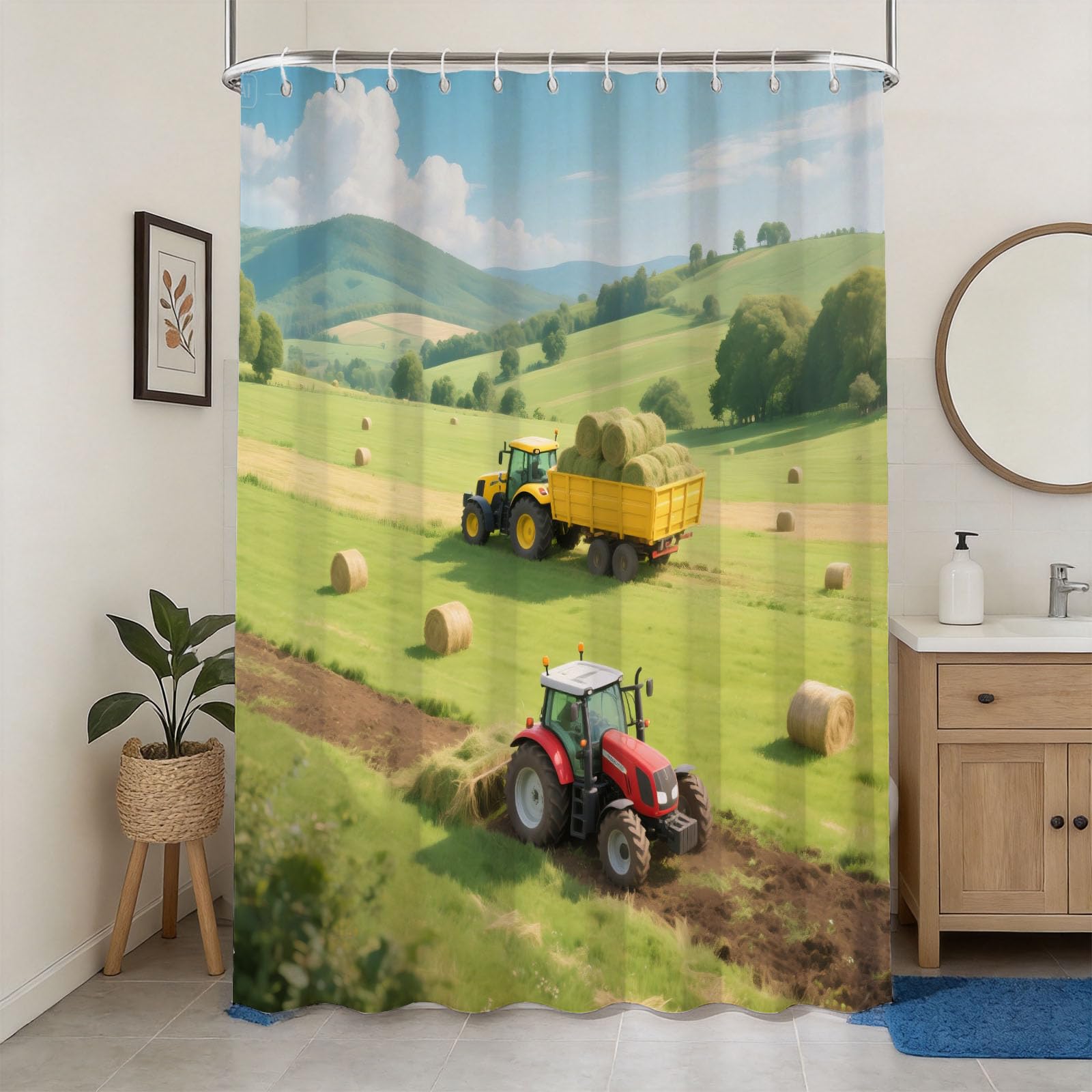 Hongduo 3D Farm Tractor Shower Curtain for Stalls Bathtubs Rural Landscape Bathroom Decor Shower Curtain Set Polyester Fabric Waterproof 120x180cm/48X71 Inch with Hooks