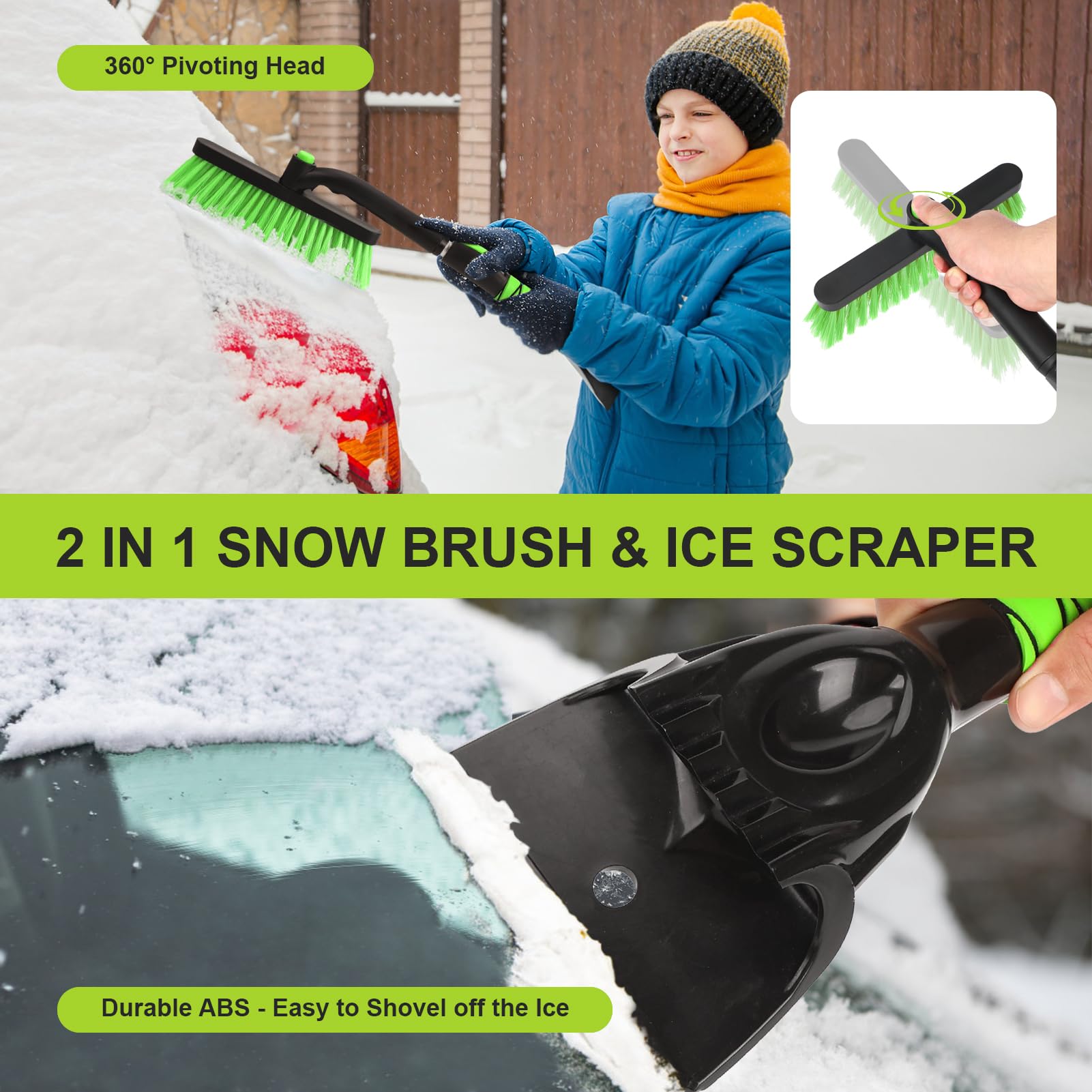 Rascador de Hielo de 33 Pulgadas y Cepillo de Nieve Extensible para Parabrisas de automóvil y Agarre de Espuma con Cabezal de Cepillo Giratorio de 360° para Navidad, automóvil, camión, SUV