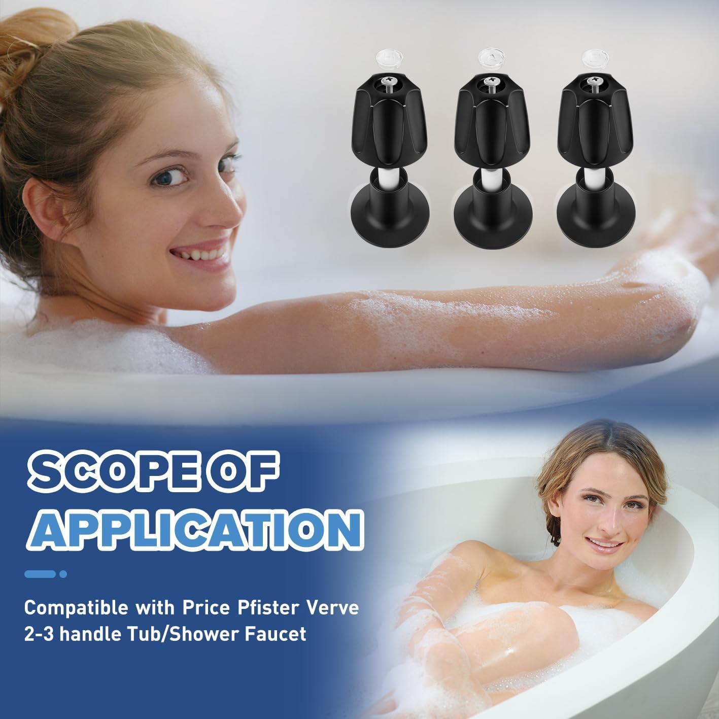 RAWILL Shower knobs 3 Pcs Replacement Trim Kit for Pfister Verve - Matte Black Faucet Handles Set with Hot, Cold, Diverter Knobs & Flange Base