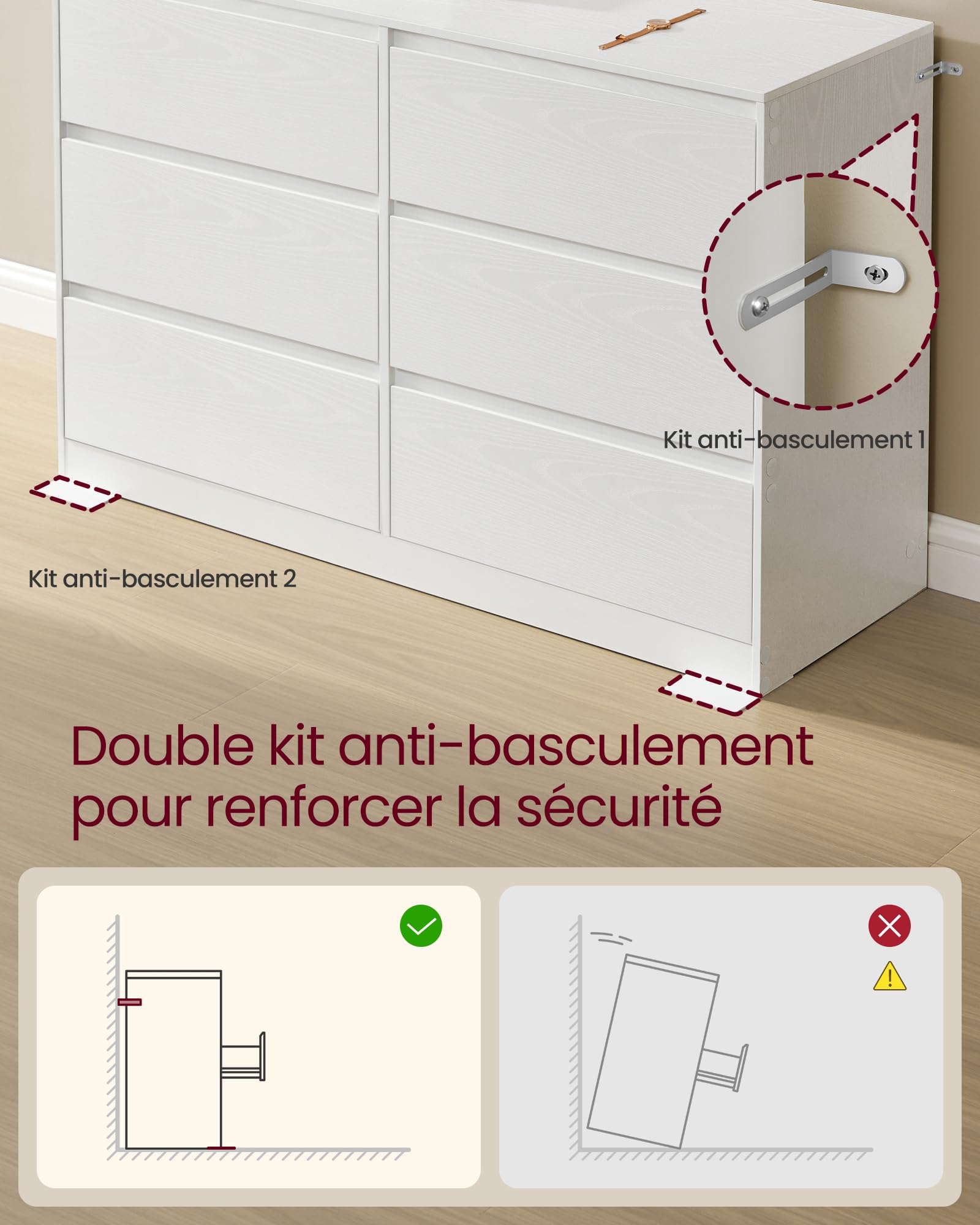 VASAGLE Kailyn Collection - Commode Chambre 6 Tiroirs, Armoire de Rangement, Meuble à Vêtements, 40 x 119,4 x 75 cm, Style Moderne, Blanc Neige LTS616W01