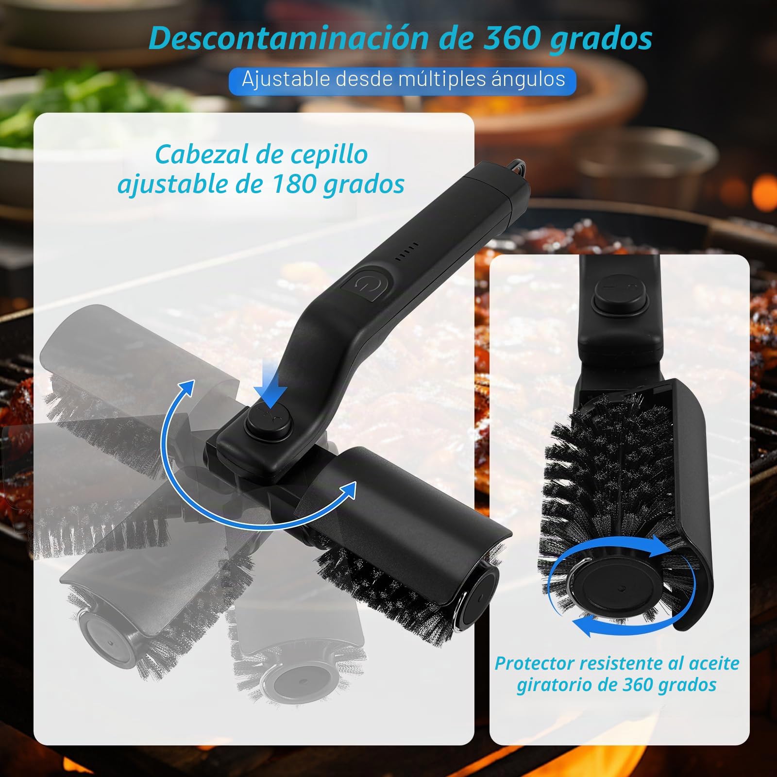 Cepillo Eléctrico Mejorado para Parrilla, Cepillo de Limpieza de Barbacoa Inalámbrico Recargable con 3 Velocidades y 2 Cabezales, 180° Ajustable, Cerdas de Acero Inox para Todo Tipo De Parrilla