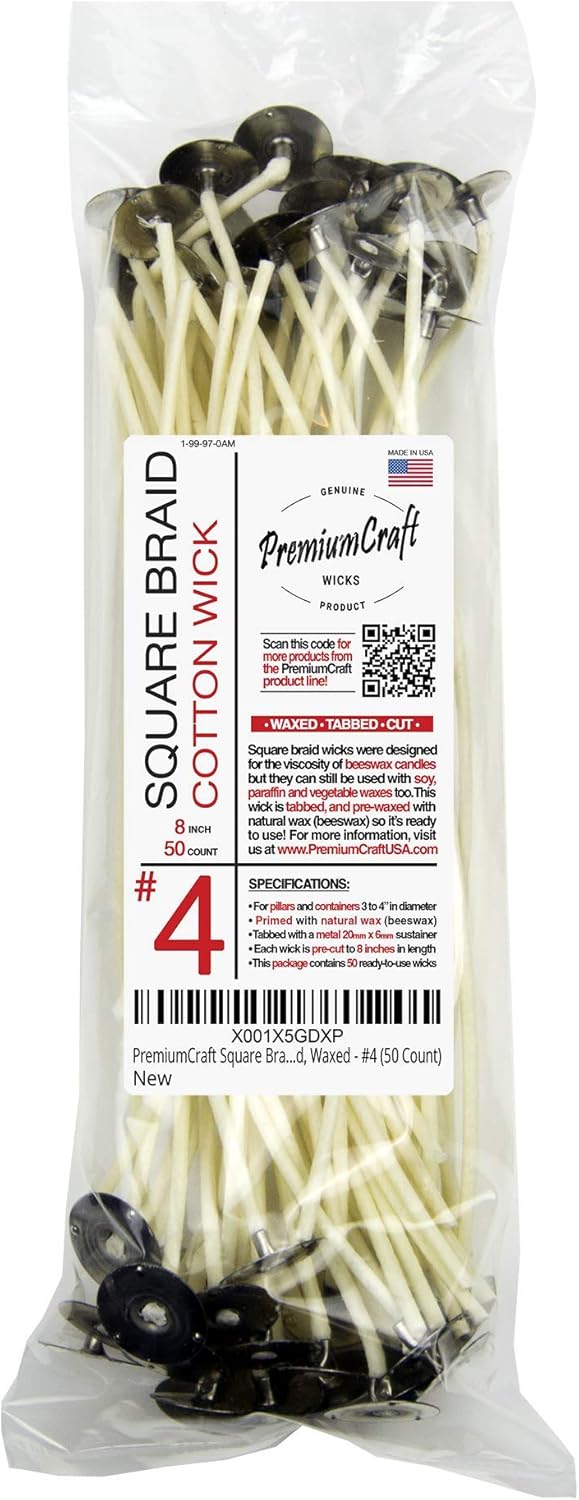 Square Braid Cotton Candle Wick - #4, Tabbed, Waxed (50 Count)