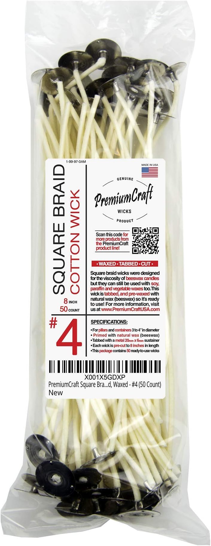 Square Braid Cotton Candle Wick - #4, Tabbed, Waxed (50 Count)