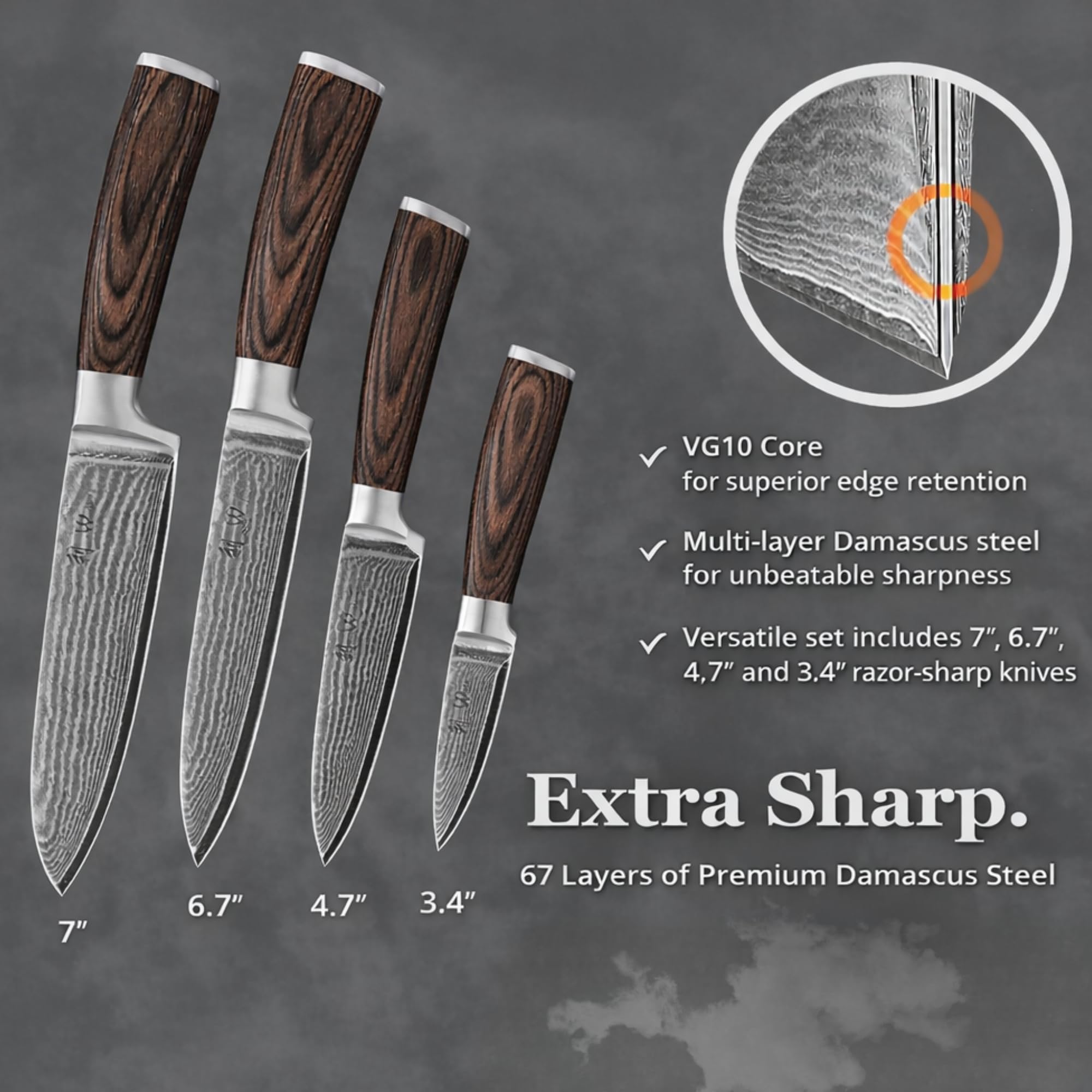 Amazon | Wakoli EDIB ダマスカス包丁セット 4本組 VG10芯材・67層