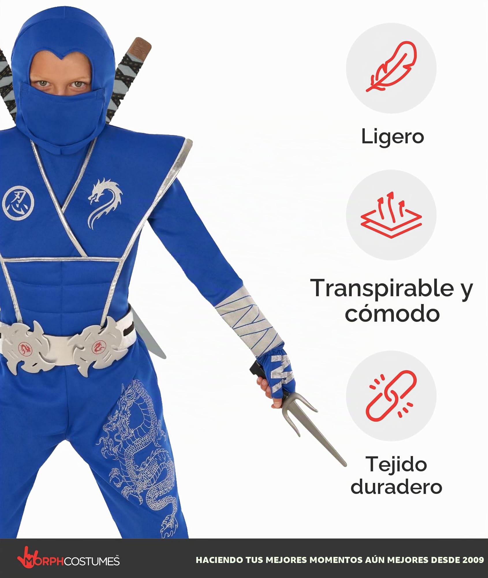 Morph Disfraz Ninja Niño, Disfraz Halloween Niño, 7-9 años