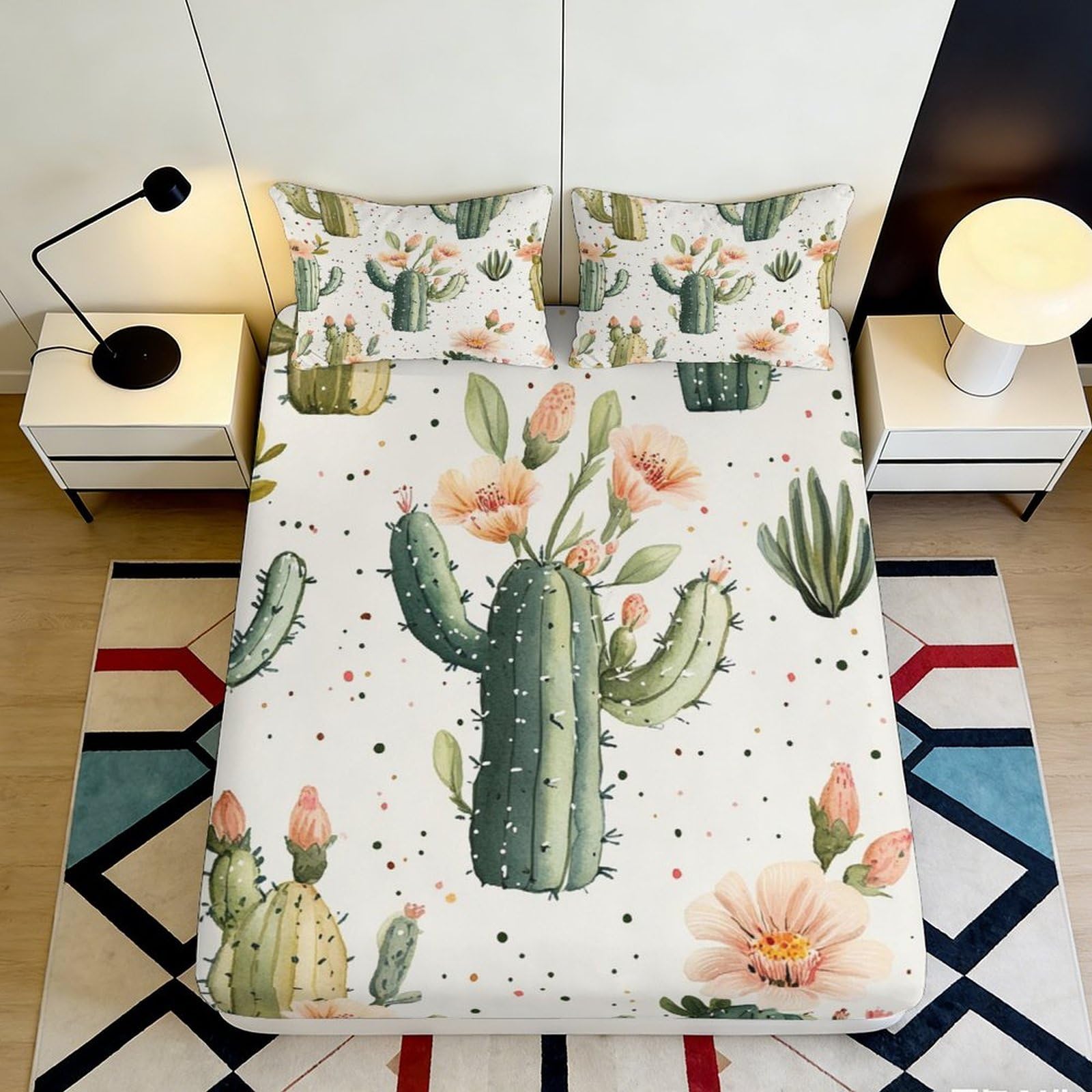 3D Printed Cactus Floral Fitted Sheet Microfiber Soft Breathable Desert Plant Bed Cover for Bedroom Dormitory Guest Room Mattress Protection Decor 90x200x25cm