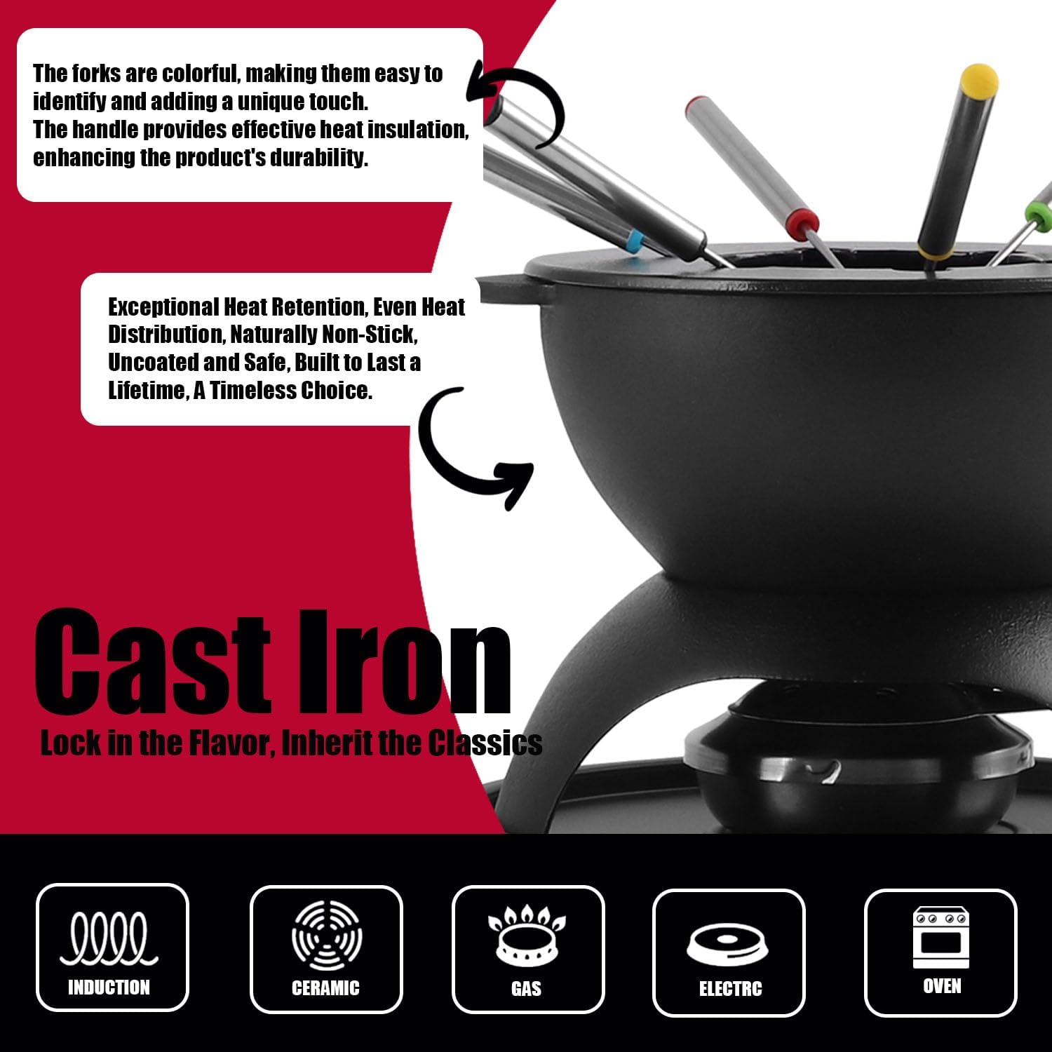 Artestia Cast Iron Fondue Pot for Chocolate, 5-Cup Cheese Fondue Pot with 6 Colored Forks for Fondue Party, 4-6 Person, Black - Image 4