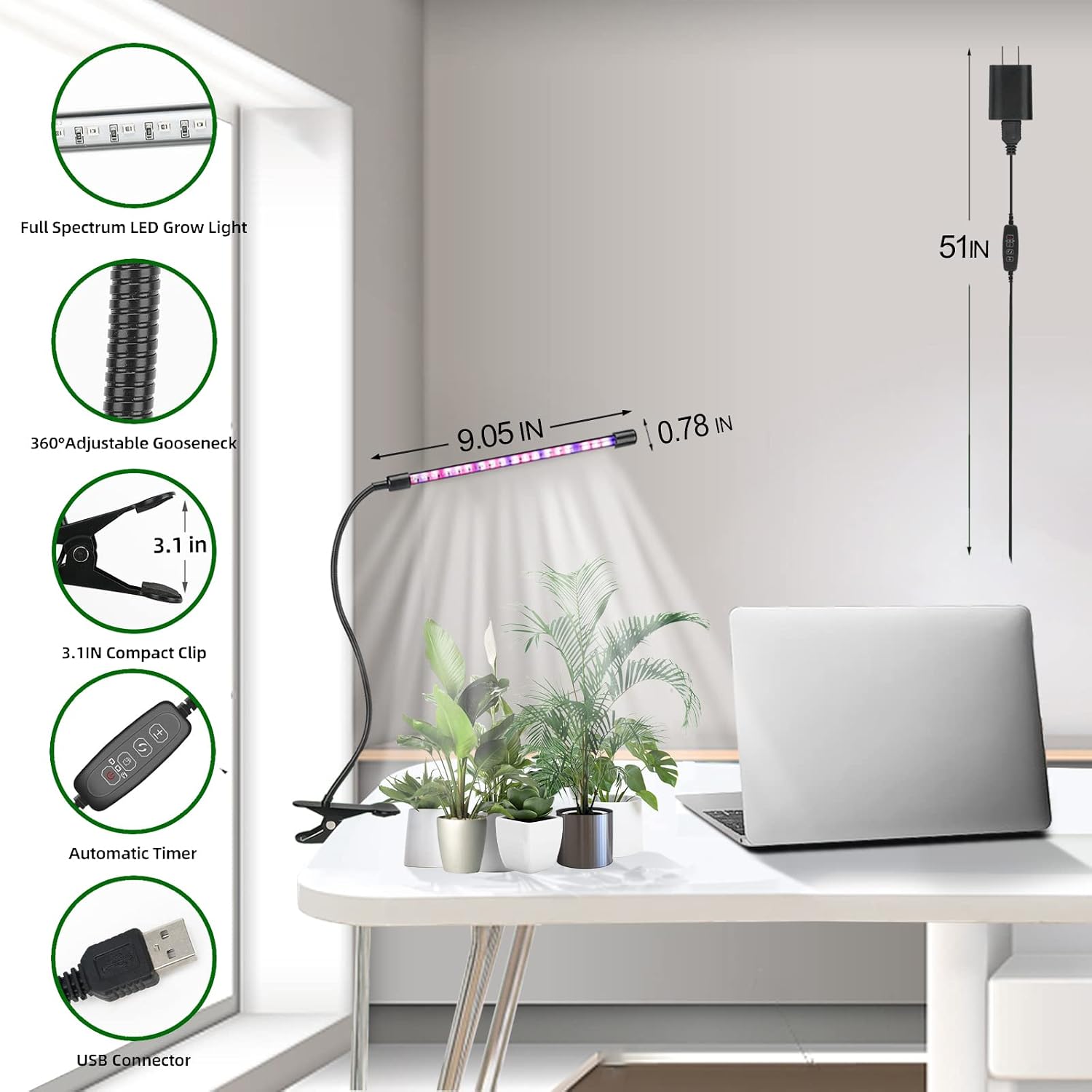 LED Grow Light for Indoor Plants: Full Spectrum Clip Lamp with Gooseneck - Garden Growing Lighting with Timer - Small Plant Lamp for House Office