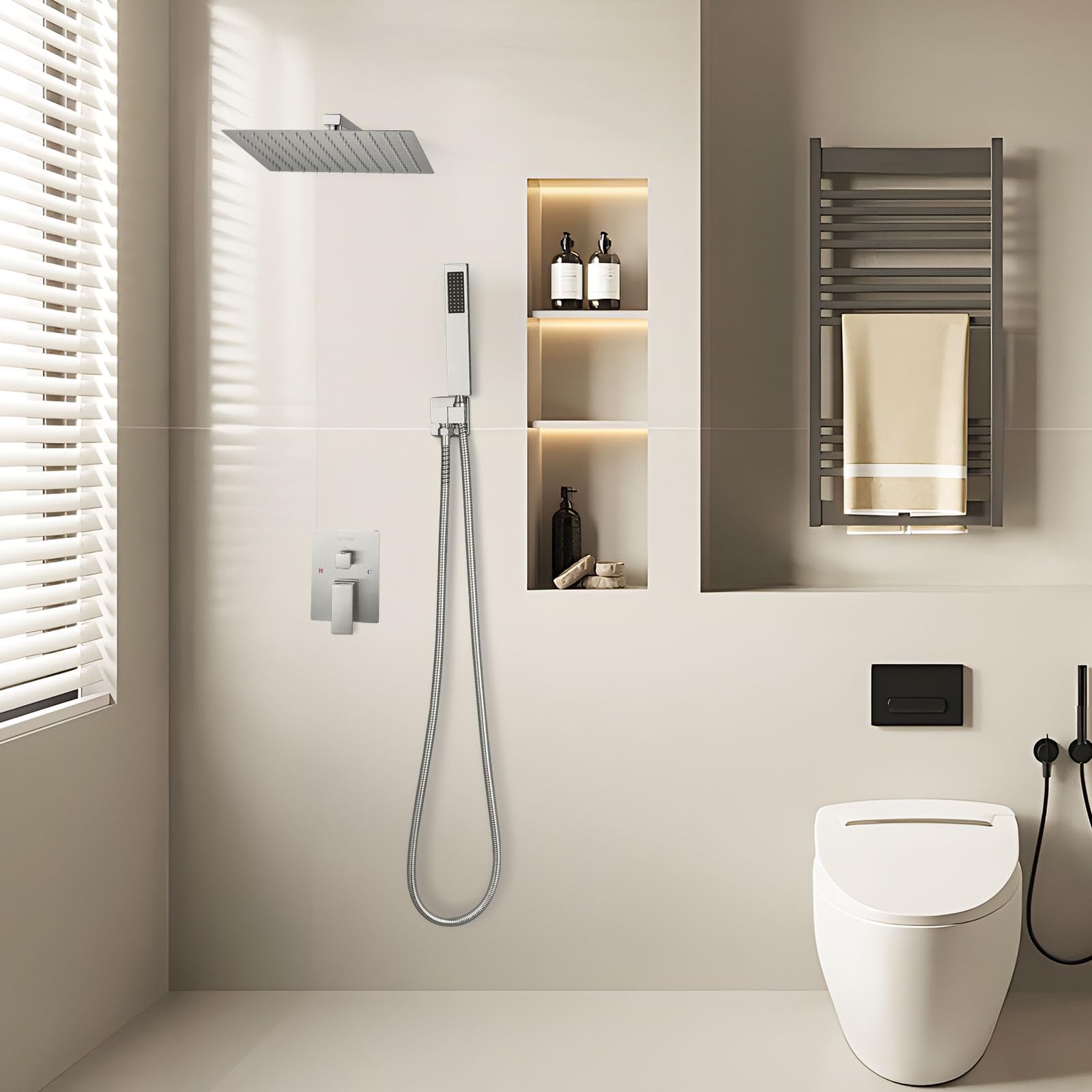 VEVOR Juego de Grifo de Ducha de Lluvia con Cabezal de Ducha Cuadrado 25,4 cm y Rociador de Mano, Grifería de Baño de Pared con Válvula Latón y Kit de Embellecedor, 6,7 L/min, Níquel Cepillado