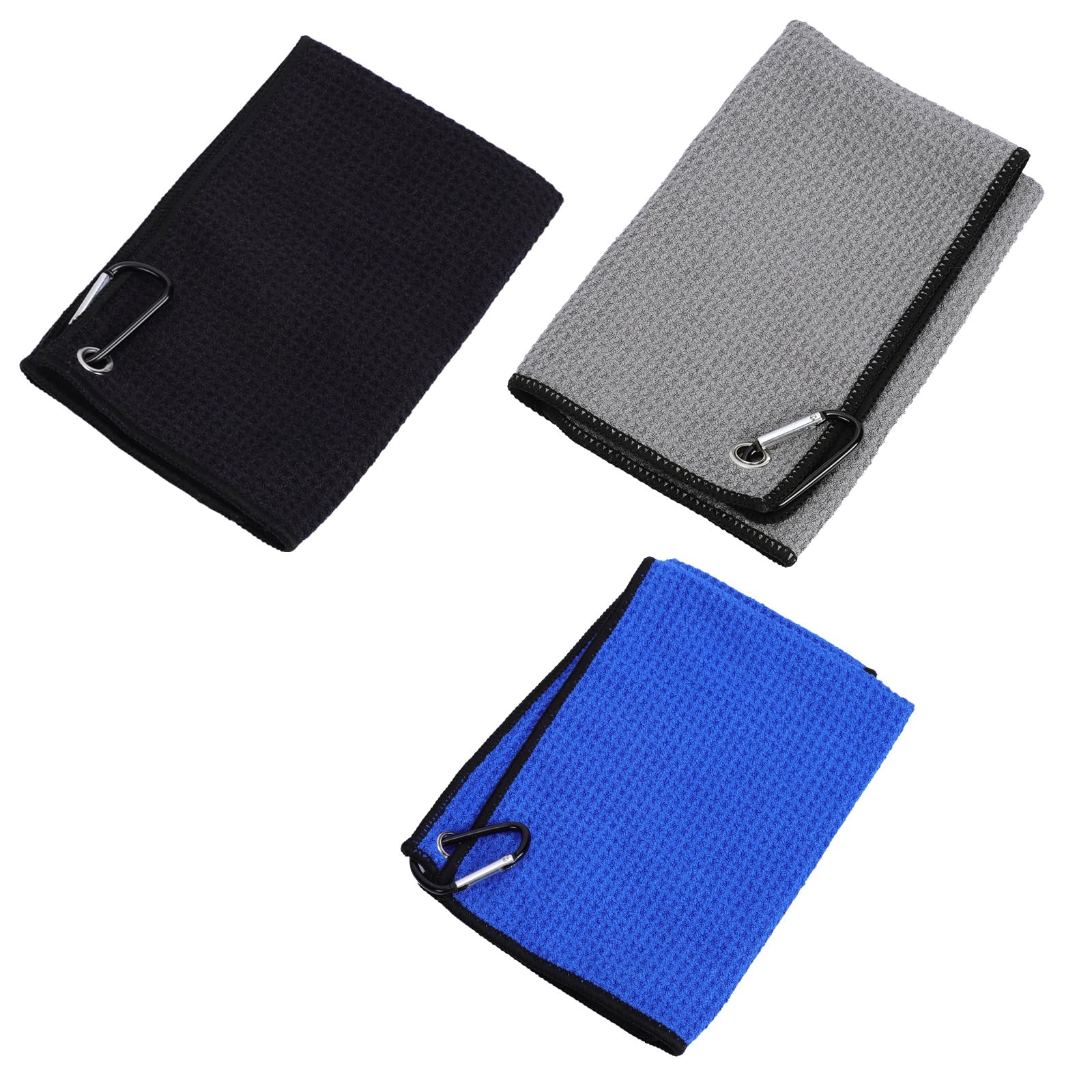 ADUDVLO 3-Pack Golf Towel Microfiber (40×40CM) Waffle Pattern Golf Cleaning Towels with Carabiner Clip & Hook and Loop Fastener Convenient for Golf Clubs (Black/Grey/Blue)