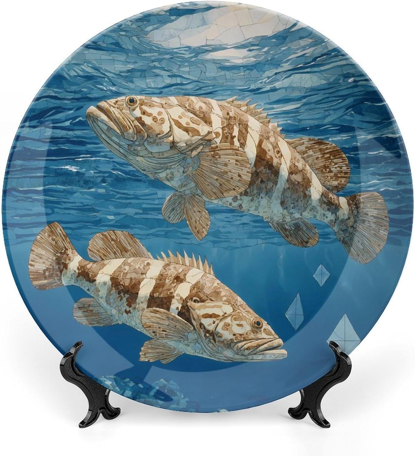 Ocean Grouper Fish Seabed Decorative Plates for Display Ceramic Plate Tray with Stand Hanger Home Decor