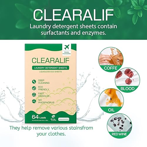 Miniatura 2 de CLEARALIF CLEARALIF - Hojas de detergente para ropa, sin perfume, 64 cargas, tiras de detergente para ropa ecológicas e hipoalergénicas