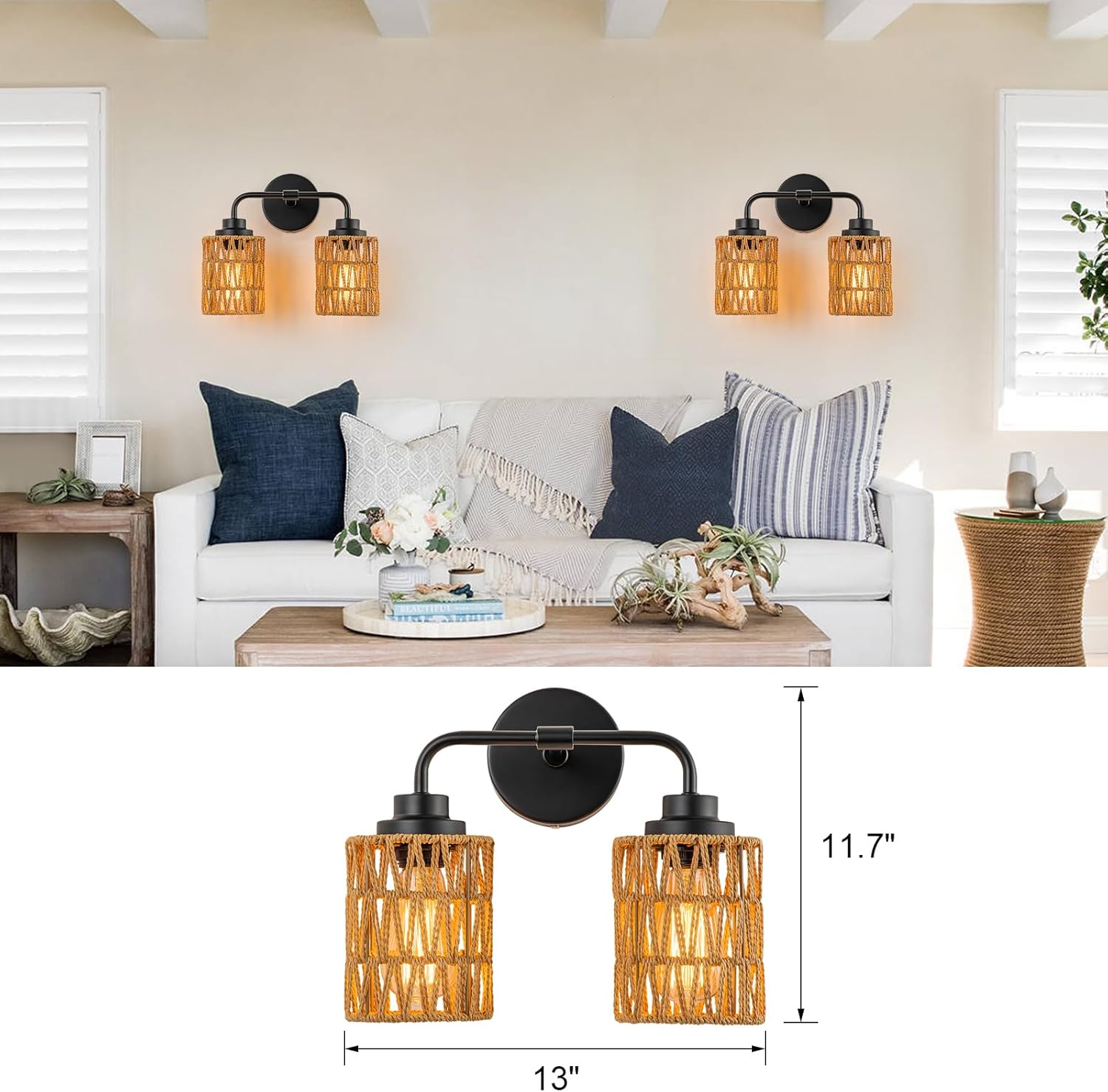 Bathroom Light Fixtures, Rustic 2-Light Vanity Lights Over Mirror Farmhouse Wall Mounted Light Natural Style Wall Lamp Boho Lighting Fixture Rattan Wall Sconce for Bedroom