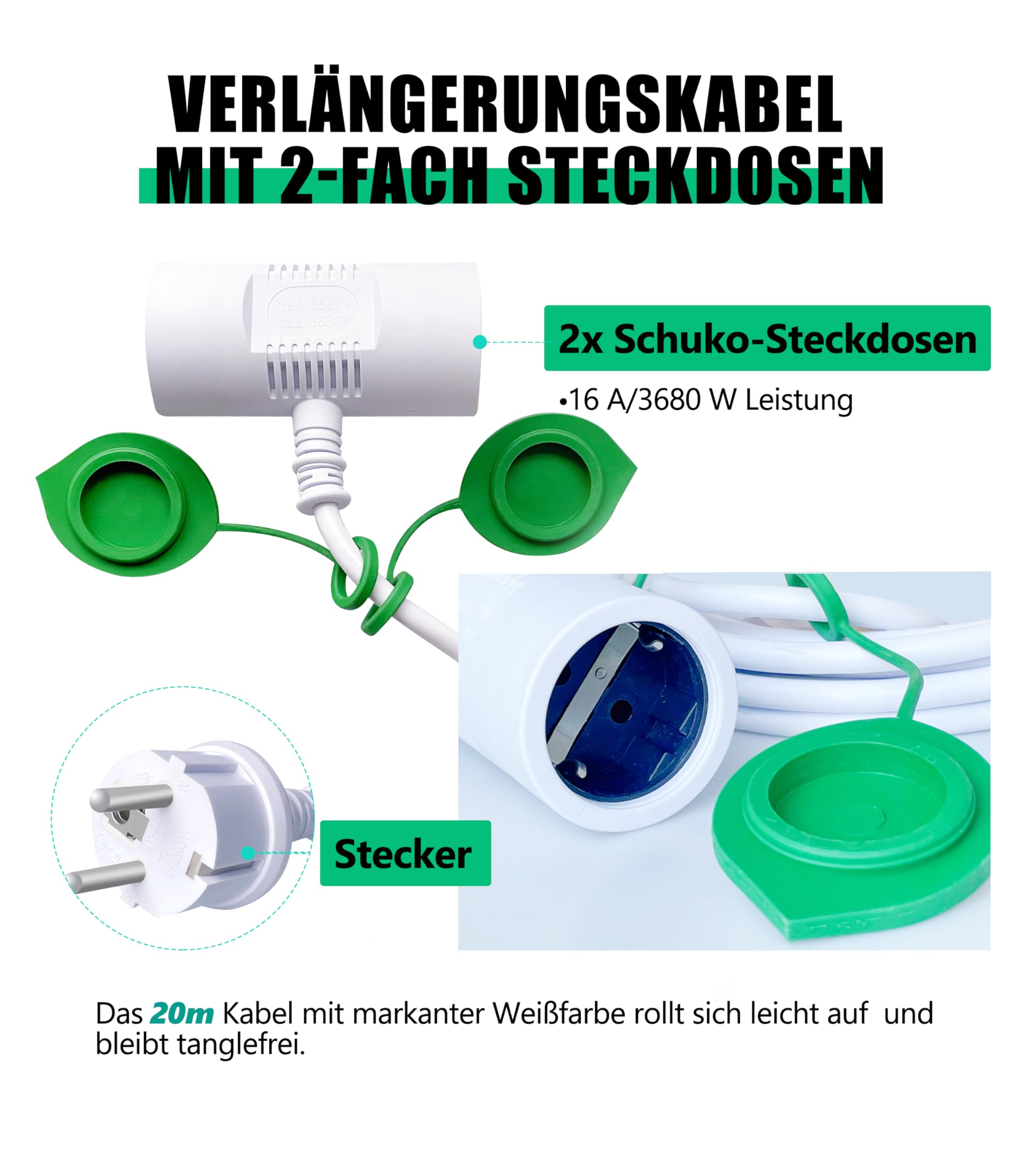 XINWANG 20m IP44 H05VV-F Verlängerungskabel, Weiß, 2 Schuko | H05VV-F 3G1,5mm² mit 2 geschützten Schuko-Steckdosen für zeitweisen Außeneinsatz im Garten, auf Terrasse und bei DIY