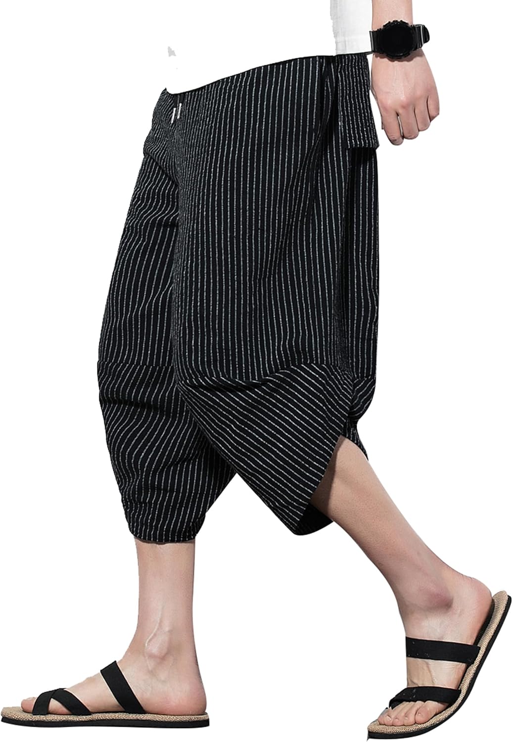 PRIJOUHE Men's Harem Capri Pants, Wide Leg Mens Capris, Summer Linen Pants