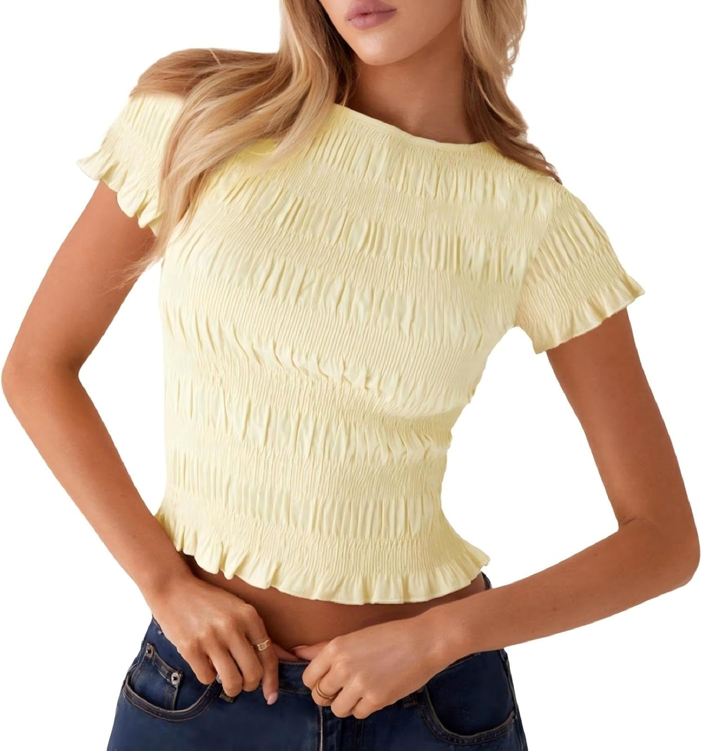 Womens Cap Sleeve Smocked Shirt Y2k Ruffle Shirred Crop Top Cute Crew Neck Peplum Tops Summer Ruched Going Out Tee