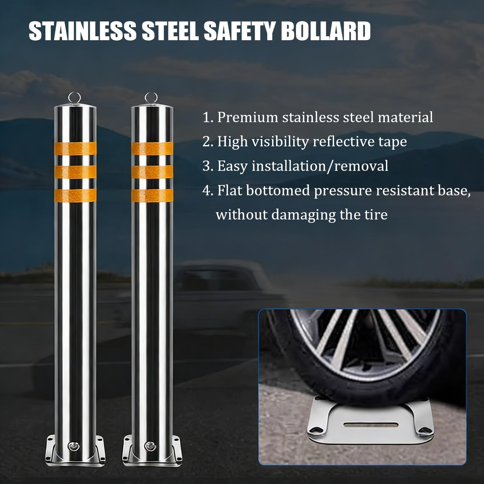 Paquete De 2 Bolardos De Seguridad De Acero Inoxidable Para Exteriores Bolardos De Barrera De Seguridad De Alta Visibilidad De 39,4 Pulgadas De Alto Bloqueables(39.4x3 in)