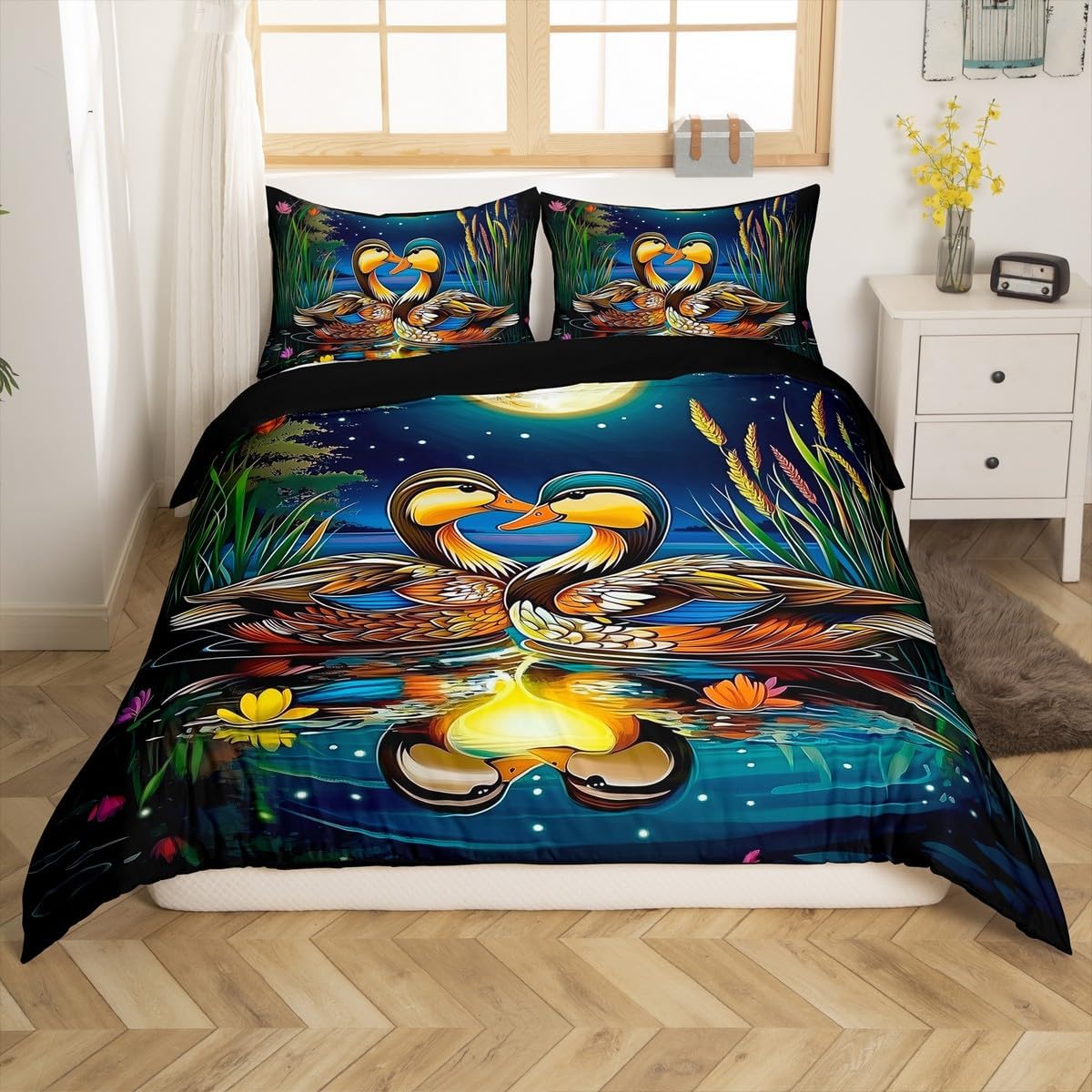 Mandarin Duck Duvet Cover Set Toddler Size Valentine's Day Bedding Set for Kids Girls Boys Teens Hunting Wild Animal Comforter Cover Dreamy Moon Night Quilt Cover,1 Pillowcase(No Comforter)