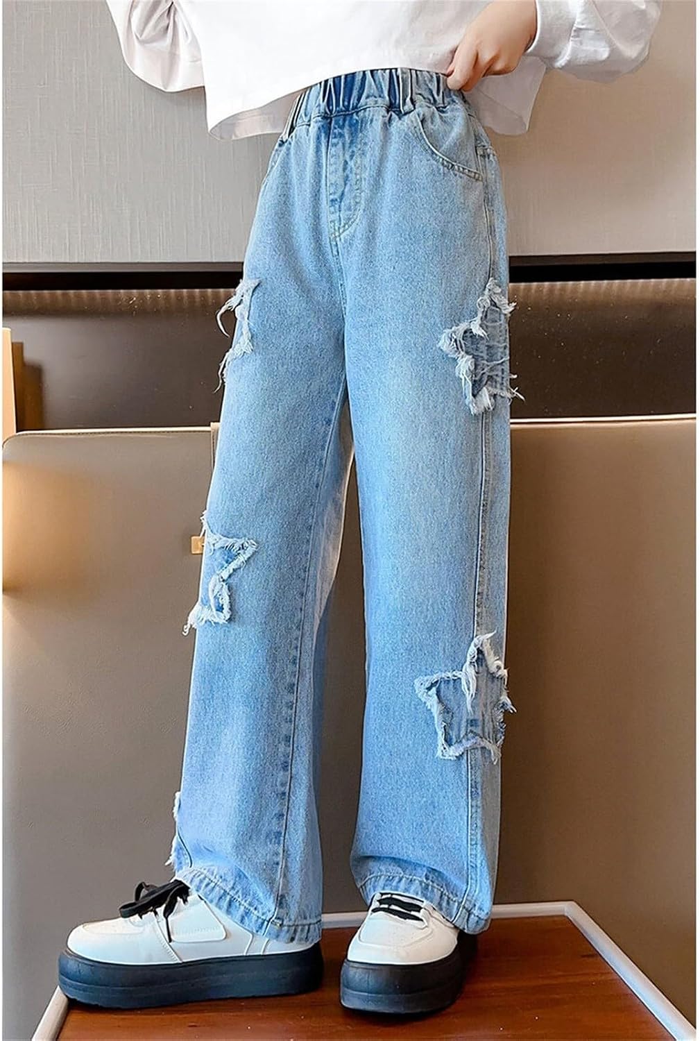 Girls Distressed Denim Pants Star Patchwork Baggy Jeans High Waisted Straight Leg Denim Pants Elastic Waist Casual Jeans