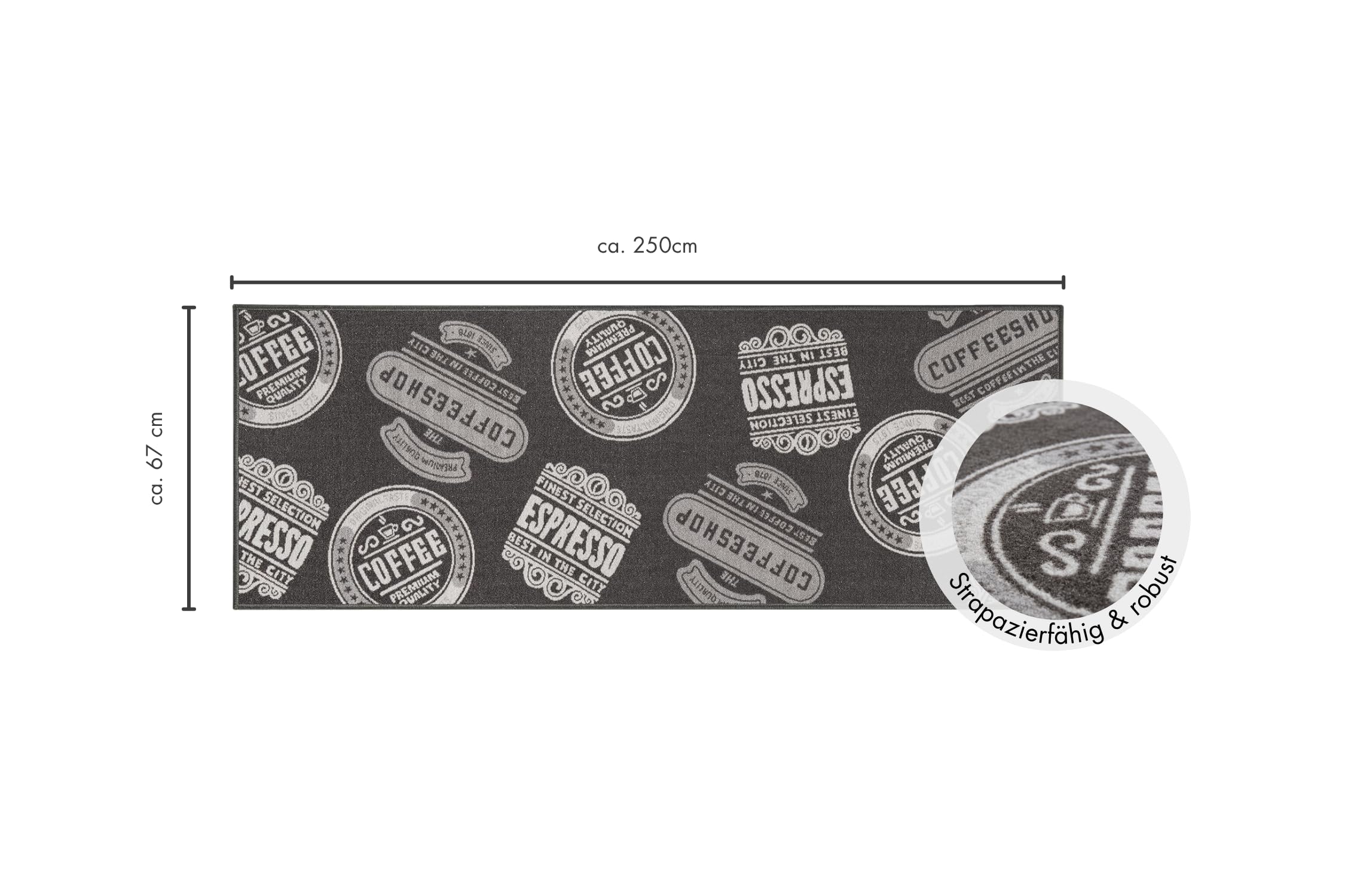 andiamo Küchenläufer Coffeeshop Kurzflor Läufer aus Polyamid Küchenteppich - Teppich Küche 67 x 250 cm anthrazit