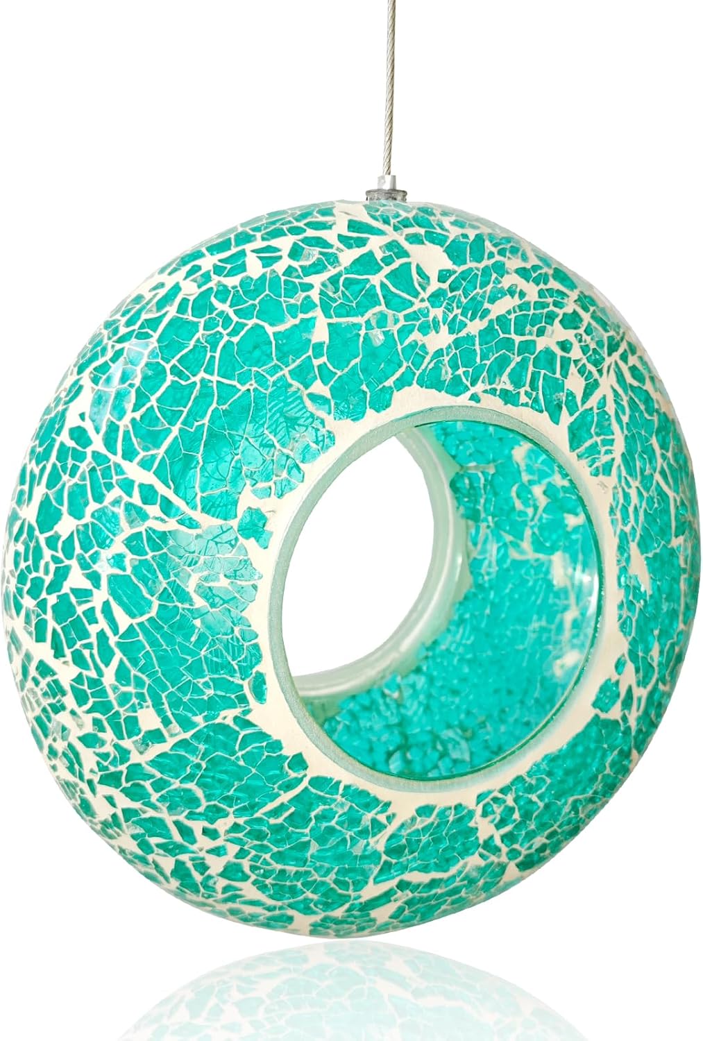 Bird Feeder Mosaic Fly Through Bird Feeder for Outside Hanging with Round Shape Glass Feeders to Attract Wild Birds for Garden, Deck, Yard, Backyard and Porch Decor, 6.8-Inch