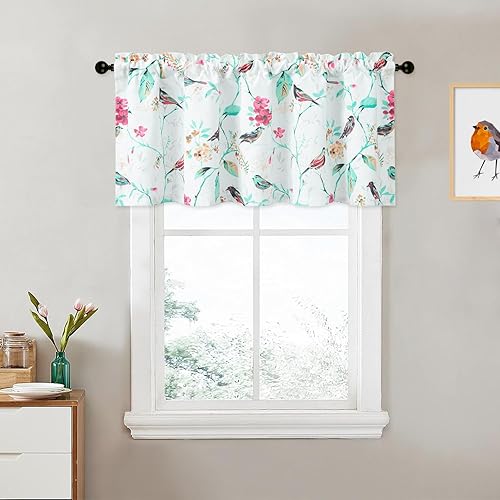 Miniatura 33 de VOGOL Cenefas con patrón de pájaros para ventanas de cocina, cenefa texturizada de lino con estampado floral y pájaros para ventanas pequeñas