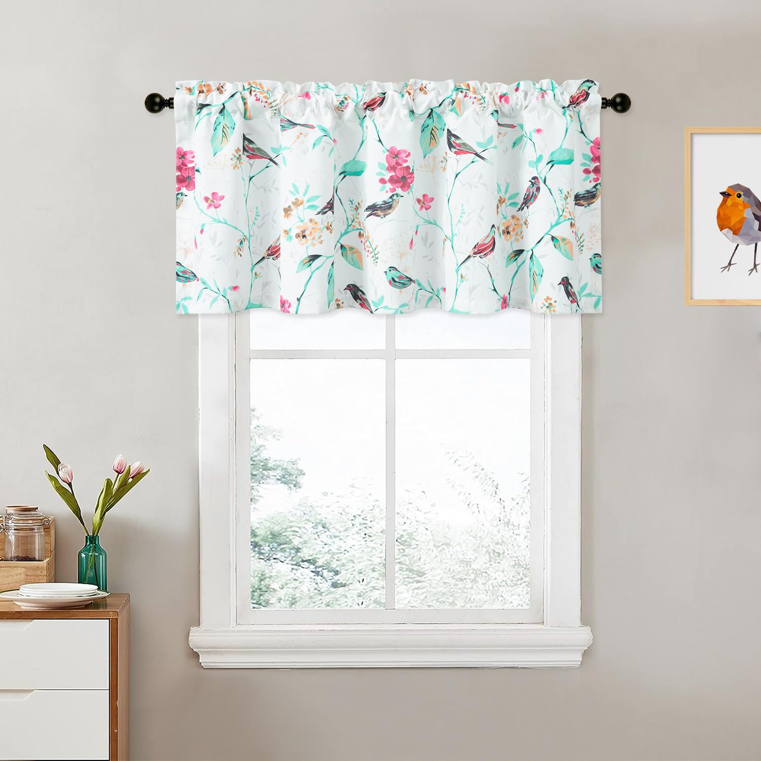VOGOL Birds Print Kitchen Curtain Valance - 52x18 Inch, Faux Linen Rod Pocket Window Panel - View #3