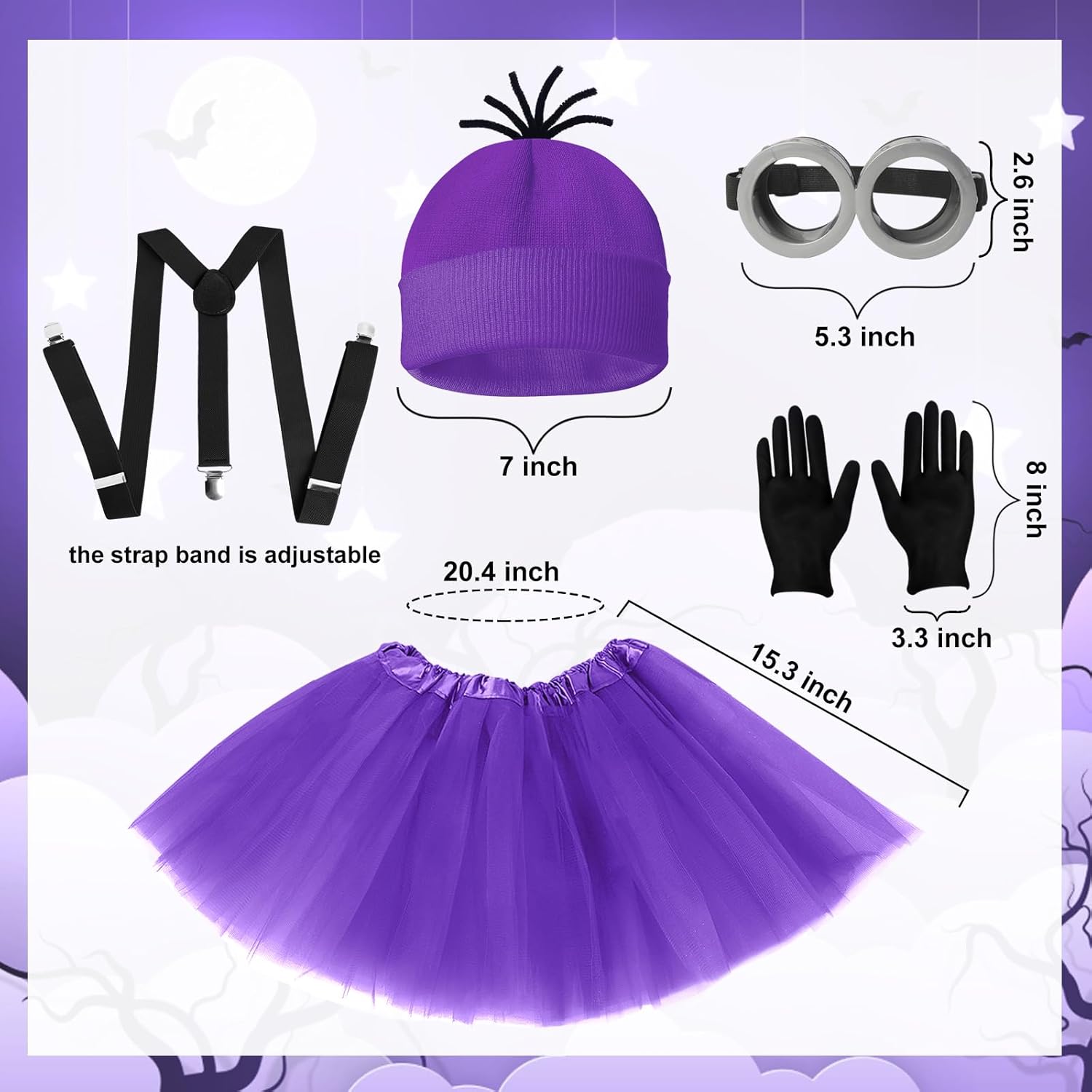 5 Pcs Halloween Costume Women Adults,Purple Beanie/Goggles/Tutu Skirt/Suspenders/Gloves Halloween Costume Accessories - Image 2