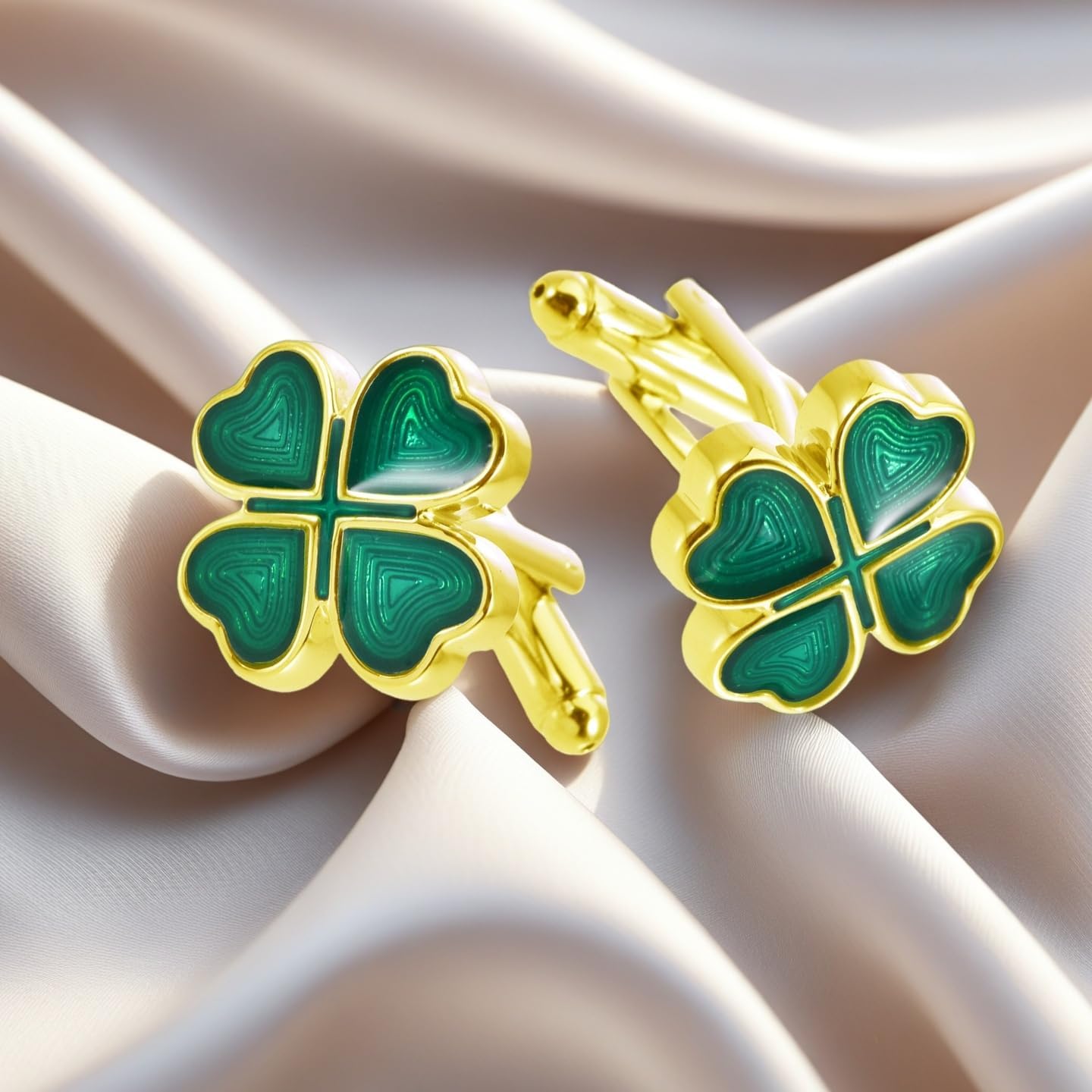 St.Patrick's Day Clover 4 Leaf Pair Cufflinks for Women Men Enamel Love Heart Flower Shamrock Tie Bar Clips Cuff Links Dainty Green Irish Lucky Jewelry for Mother Dad Suit Shirt Clothes Decorations