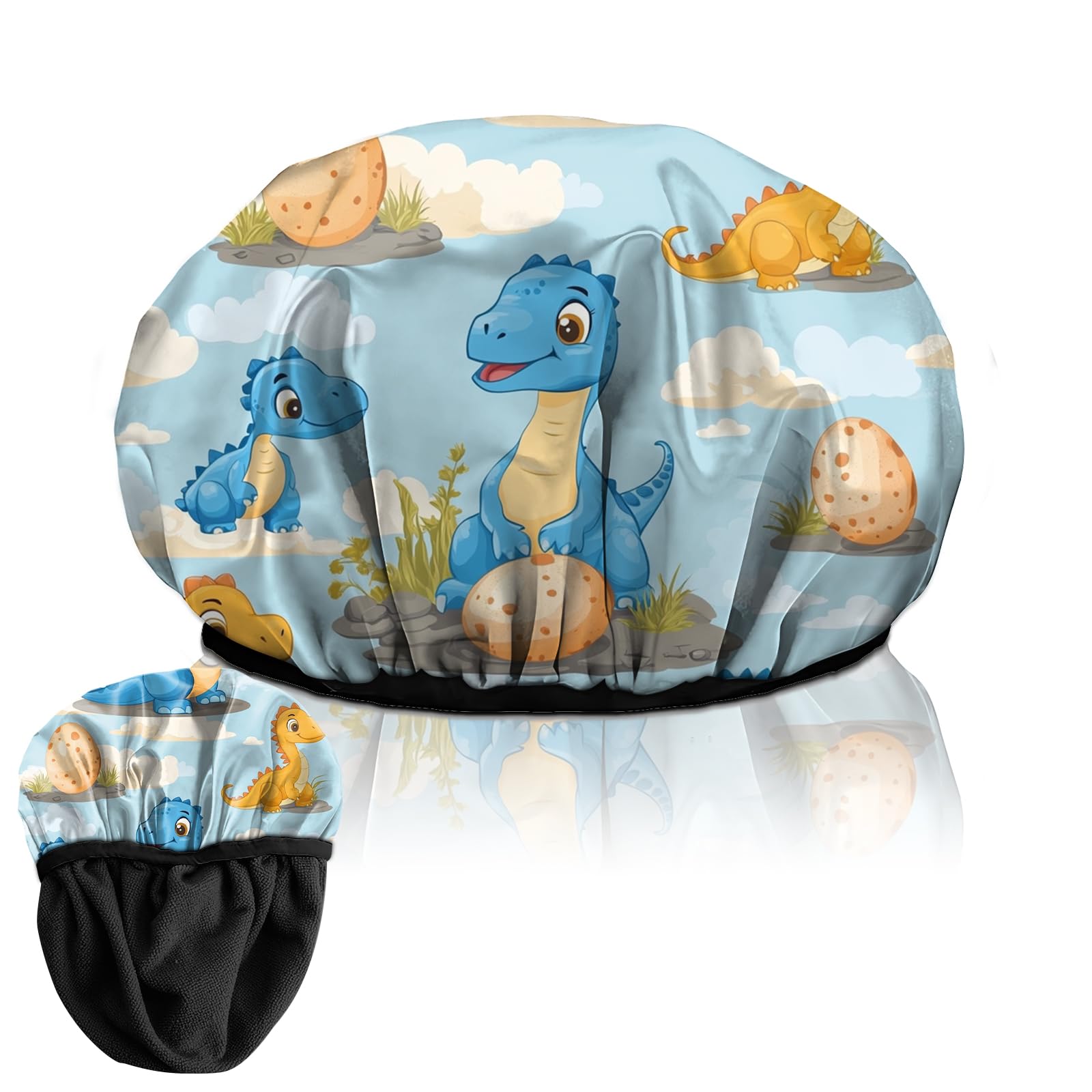 Deokke Duschhaube, wiederverwendbar, dreilagig, elastisch, wasserdicht-Luxus Duschhaube mit Terrystoff-Futter zum Haar trocknen, niedlich für Frauen und Mädchen (F18-Dinosaurier)