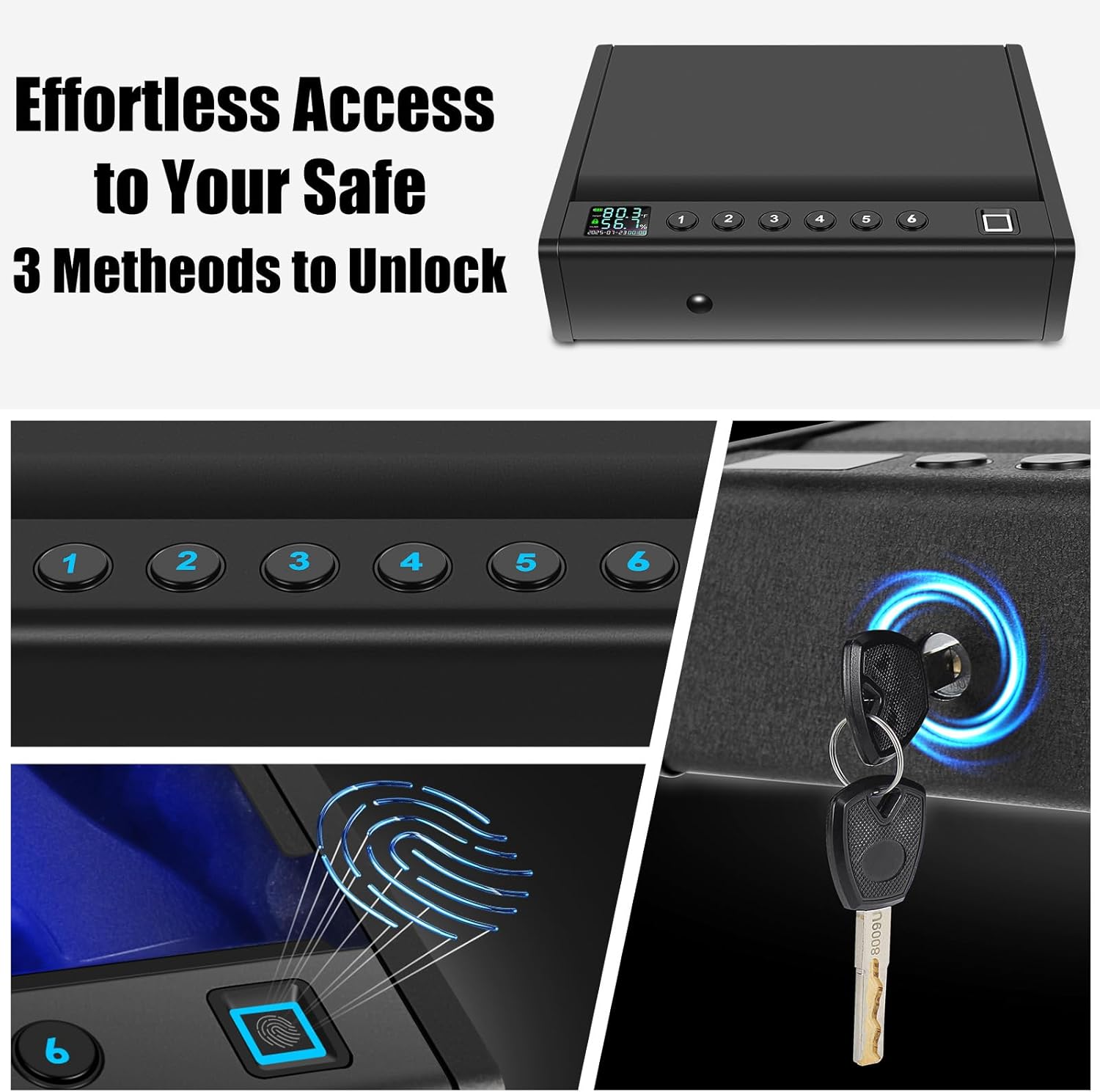 Upgraded Biometric Gun Safe for Handguns, Heavy Duty Fingerprint Handgun Safety Device for Home Bedside Nightstand Car, with LCD of Temp Humidity Time Date