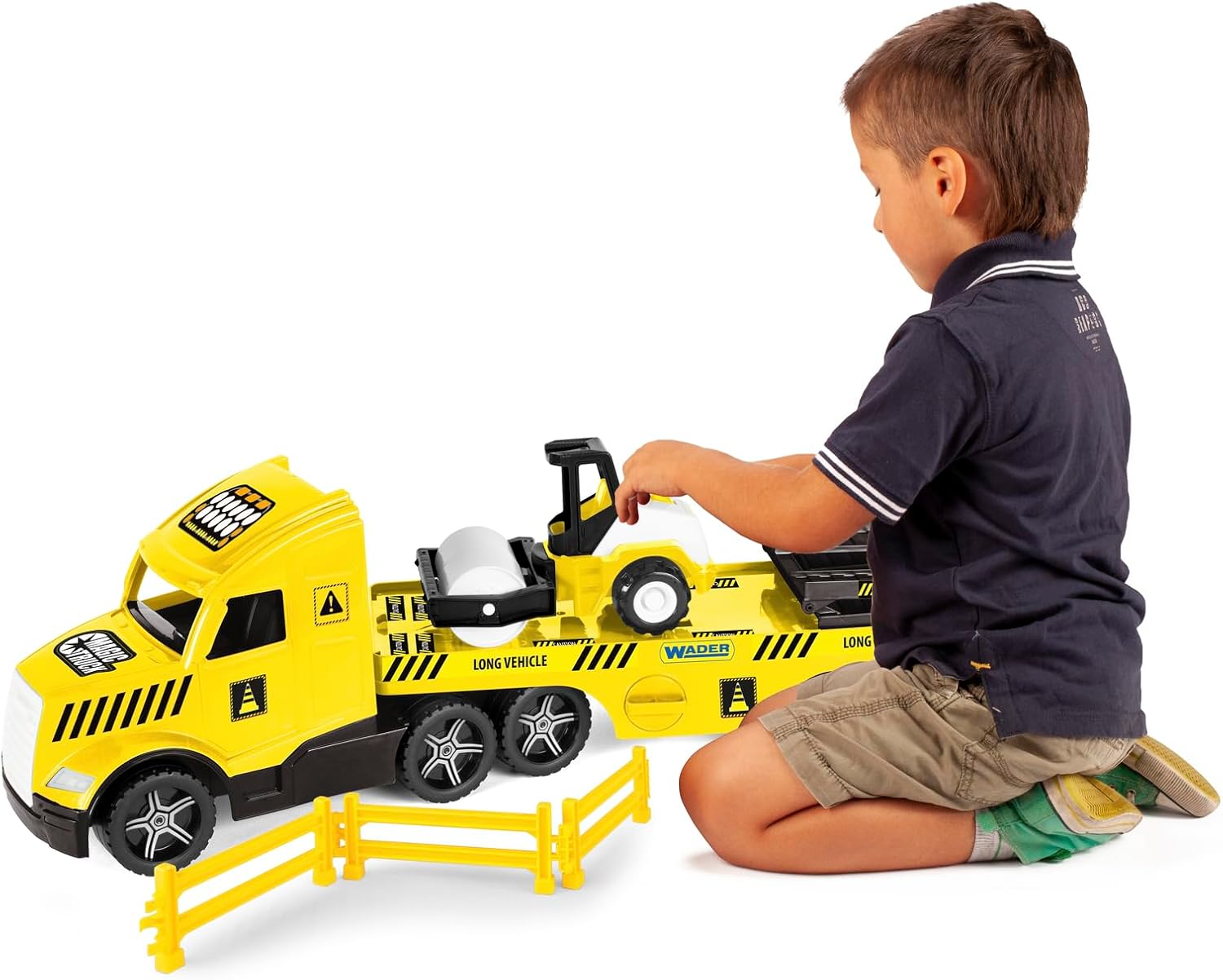 Wader 36451 Magic Truck Low Loader with Roller, Barrier Grates and Ramps, Size Approx. 79 cm, for Children from 3 Years, Suitable as a Gift for Creative Play