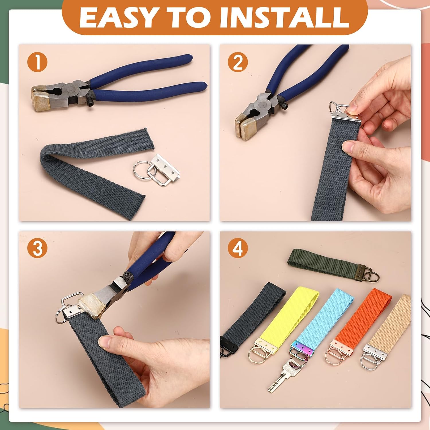 72 Pcs Keychain Fob Hardware Bulk 1.25" Key Hardware with Split Ring Wristlet Webbing Craft Lanyard Keychain Kit (12 Colors)