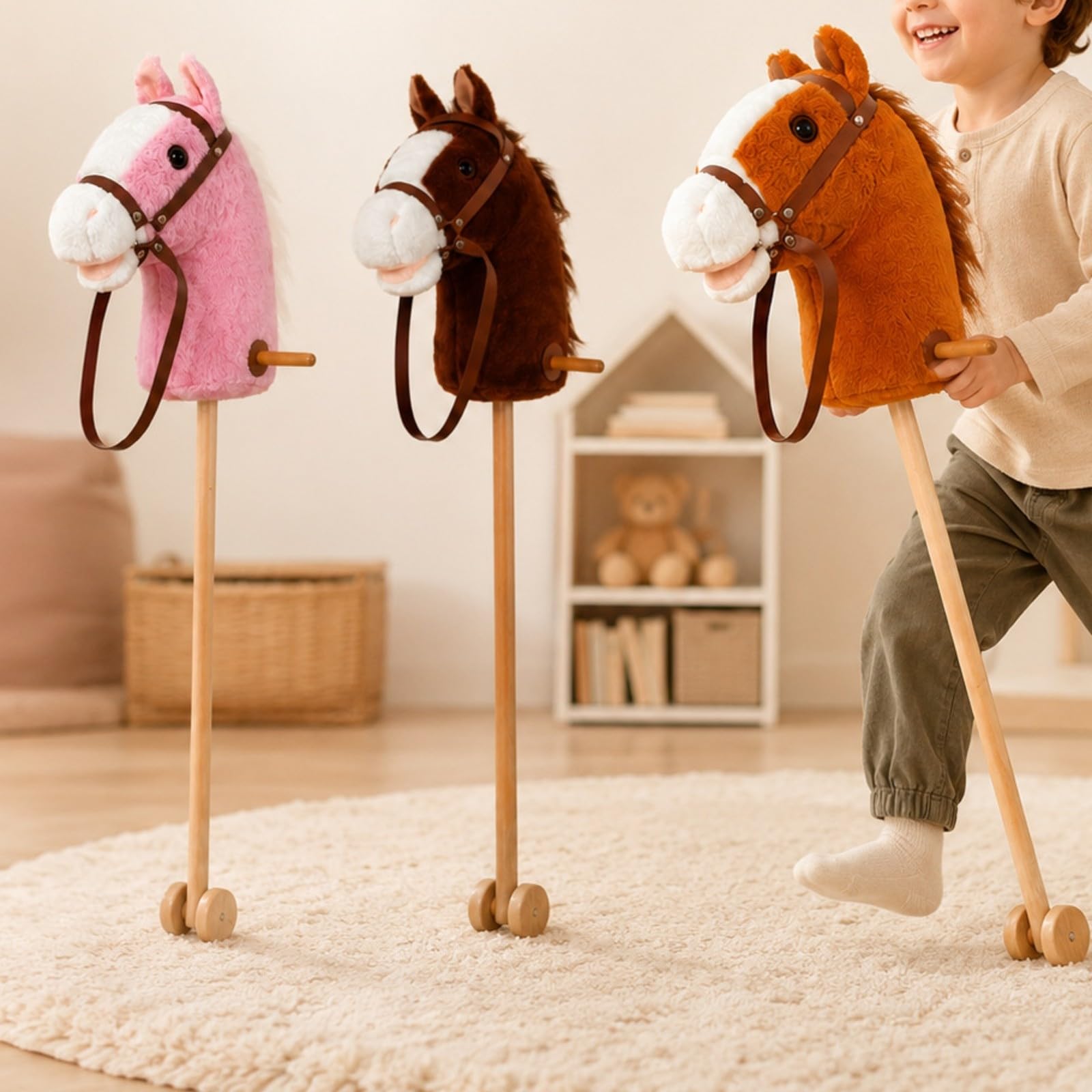 Almencla Bastone con Cavezza e Redini Leggero di Peluche con Bastone e Ruote Educativo Cavalluccio a per Bambini, Travestimenti,
