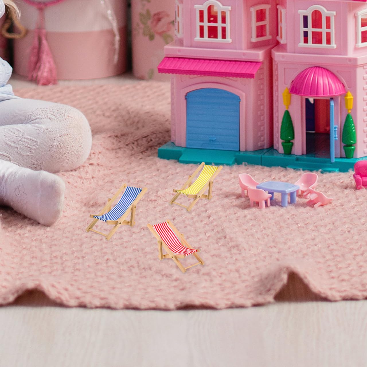 ibasenice 6 Pièces Miniature Chaise de Plage Pliable en Bois et Tissu, Transat Miniature 1:12 pour Maison de Poupée, Accessoire Décoration Micro Paysage, Couleurs Mixtes