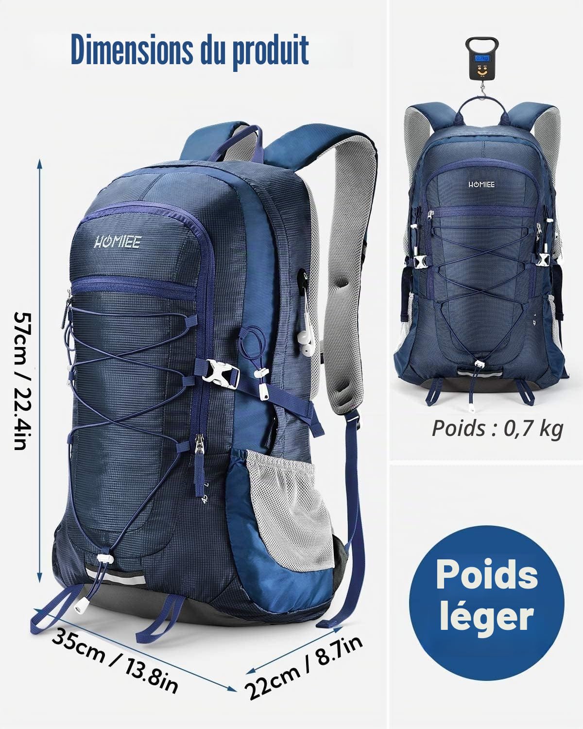 HOMIEE Sac à Dos de Randonnée, Sac de Trekking 45L Grande Capacité pour Homme Femme, Sac à Dos Pliable pour Alpinisme Escalade Ski Camping