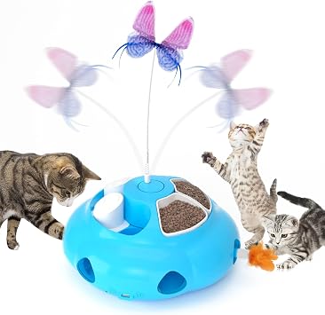 Interactive Cat Toys for Indoor Cats, 4in1 Pet Teaser Toy with Ambush Feather Wand, Motorized Fluttering Butterfly and Slow Feeder, Rechargeable Power Treat Puzzle ToyBlue