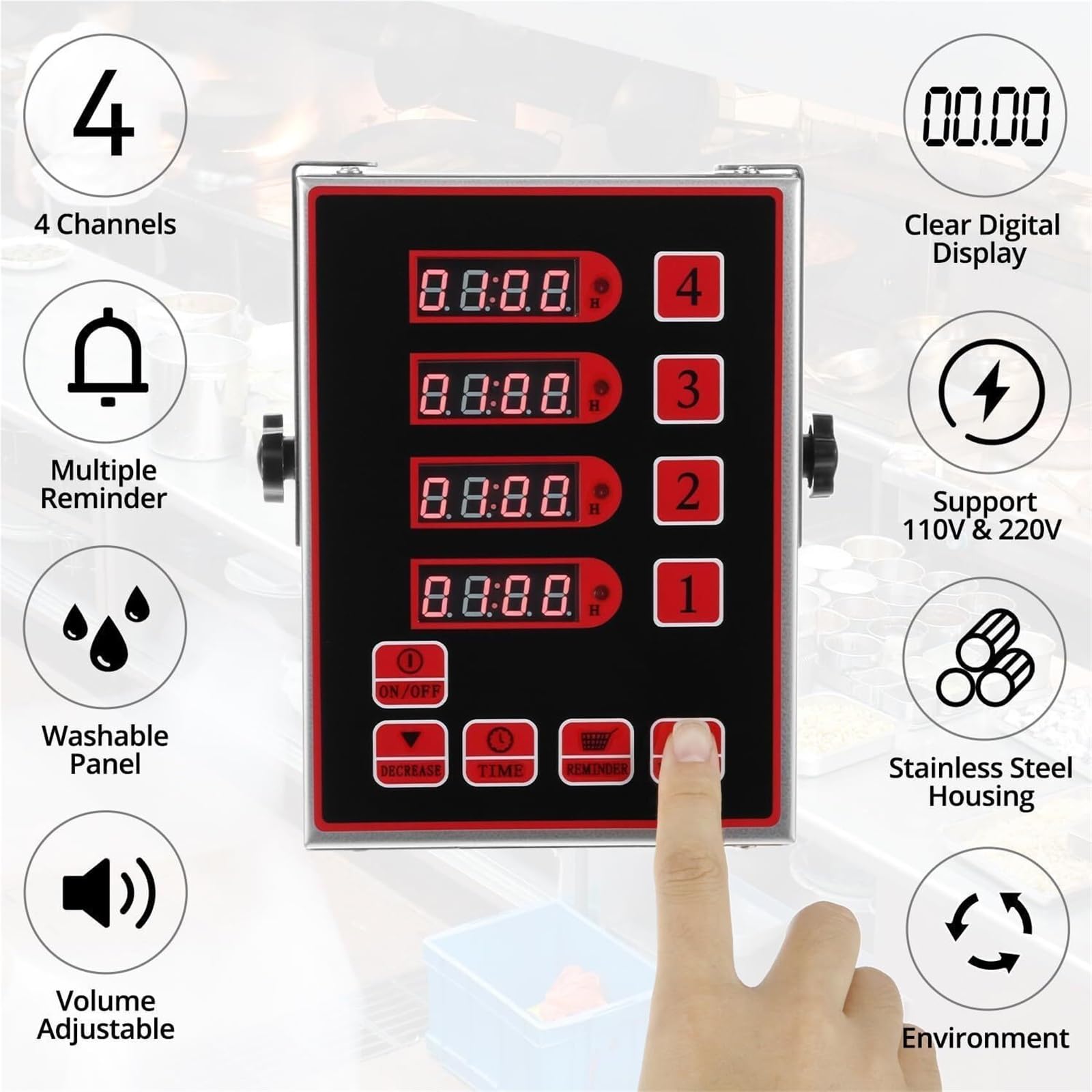 Küchentimer, 4-Kanal-Digital mit Alarmerinnerung, dreistufig und einstellbare Lautstärke für/einstellbare Halterung und wasserdicht, for den Heim- und Restaurantgebrauch(Red)