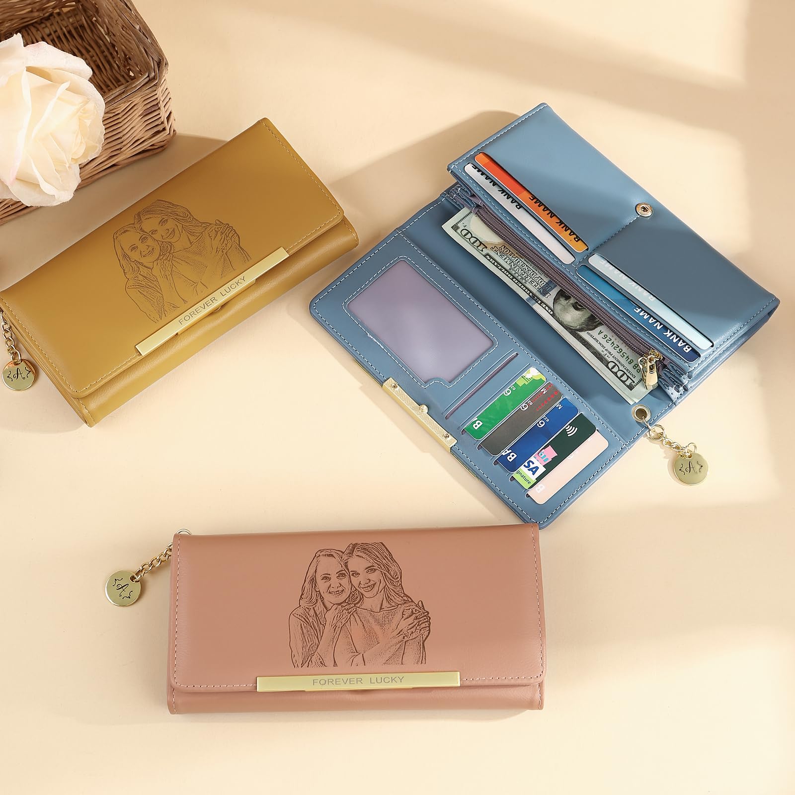 Personnalisé Portefeuille Femme Grand Format Photo et Nom Portefeuille avec Pochette de Monnaie Porte-Cartes Cadeau pour Femme Anniversaire Noël (Rose)