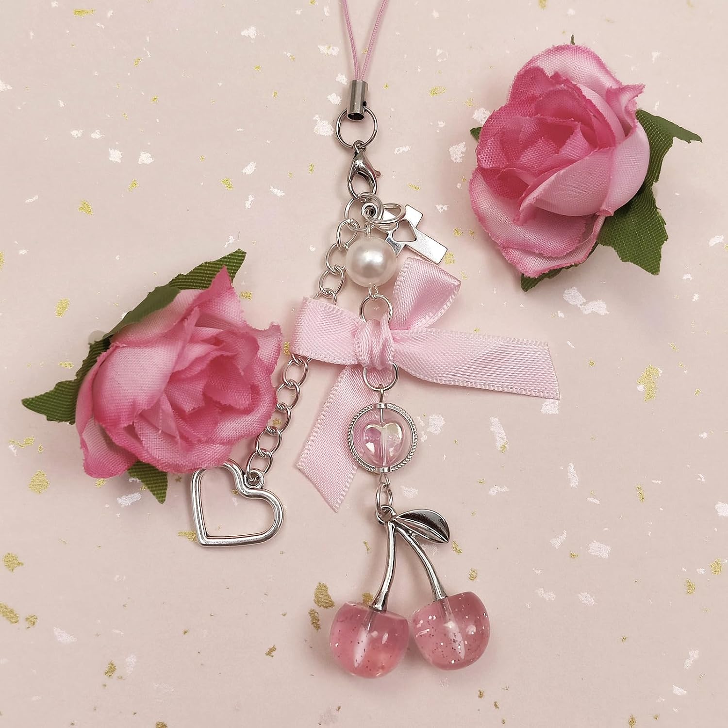 Phone Charms Strap Cute Cherry CellPhone Straps Aesthetic Pink Red Black BlueCherry Phone Chain for Camera Keychain Bag Pendant Decor Gift (Pink)