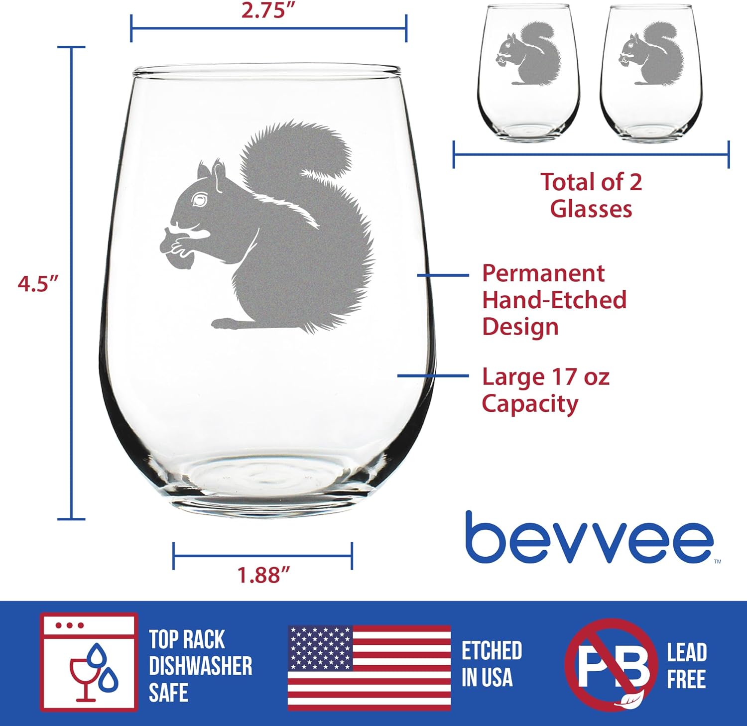 Bevvee Squirrel Stemless Wine Glass - Squirrel Gifts and Decor with Squirrels - Set of 2 - Large 17 Oz Glasses