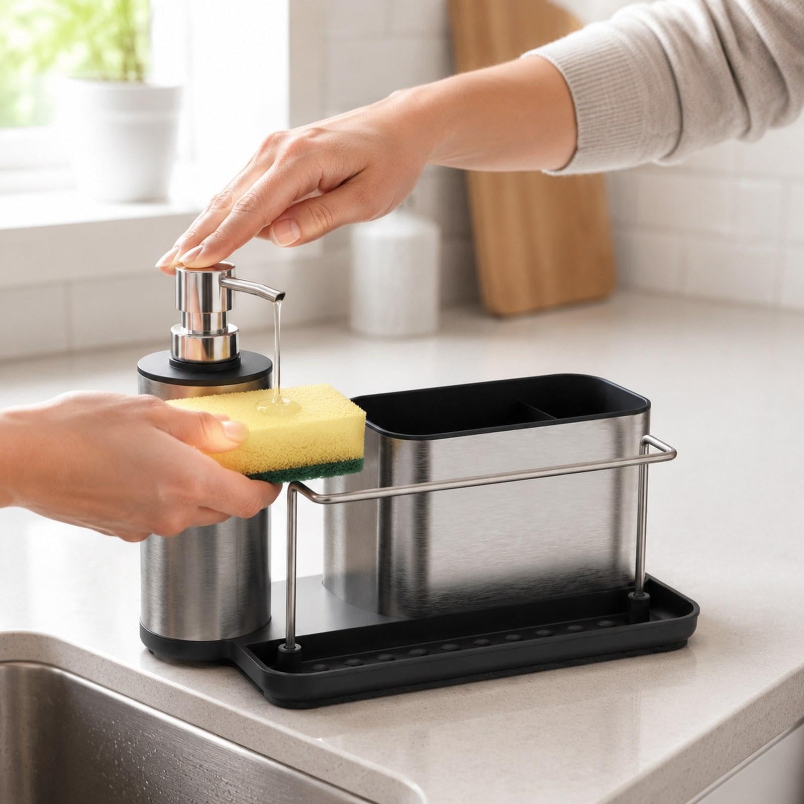 Colcolo Set Dispenser di Sapone per Cucina, Organizer per Bagno, Dispenser di Sapone Liquido Compatto E Multifunzionale con Ripiano Portaoggetti per Ristorant