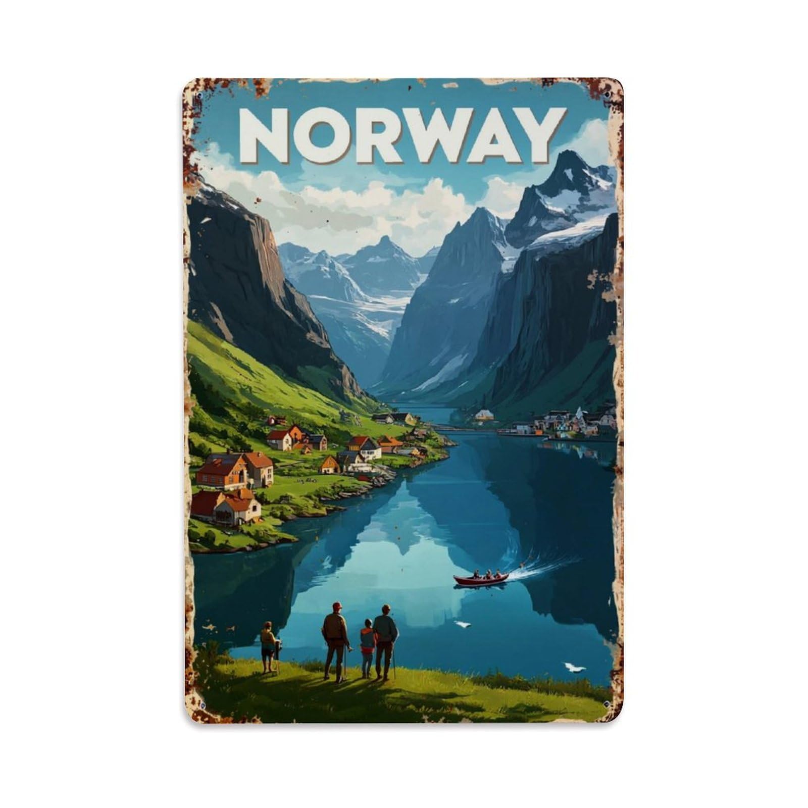 Norway Mountains Fjord Village Boat Retro Metal Tin Sign, Vintage Decor Art Poster for Bar, Home, Man Cave, Kitchen, Laundry Room Gift 8x12Inch
