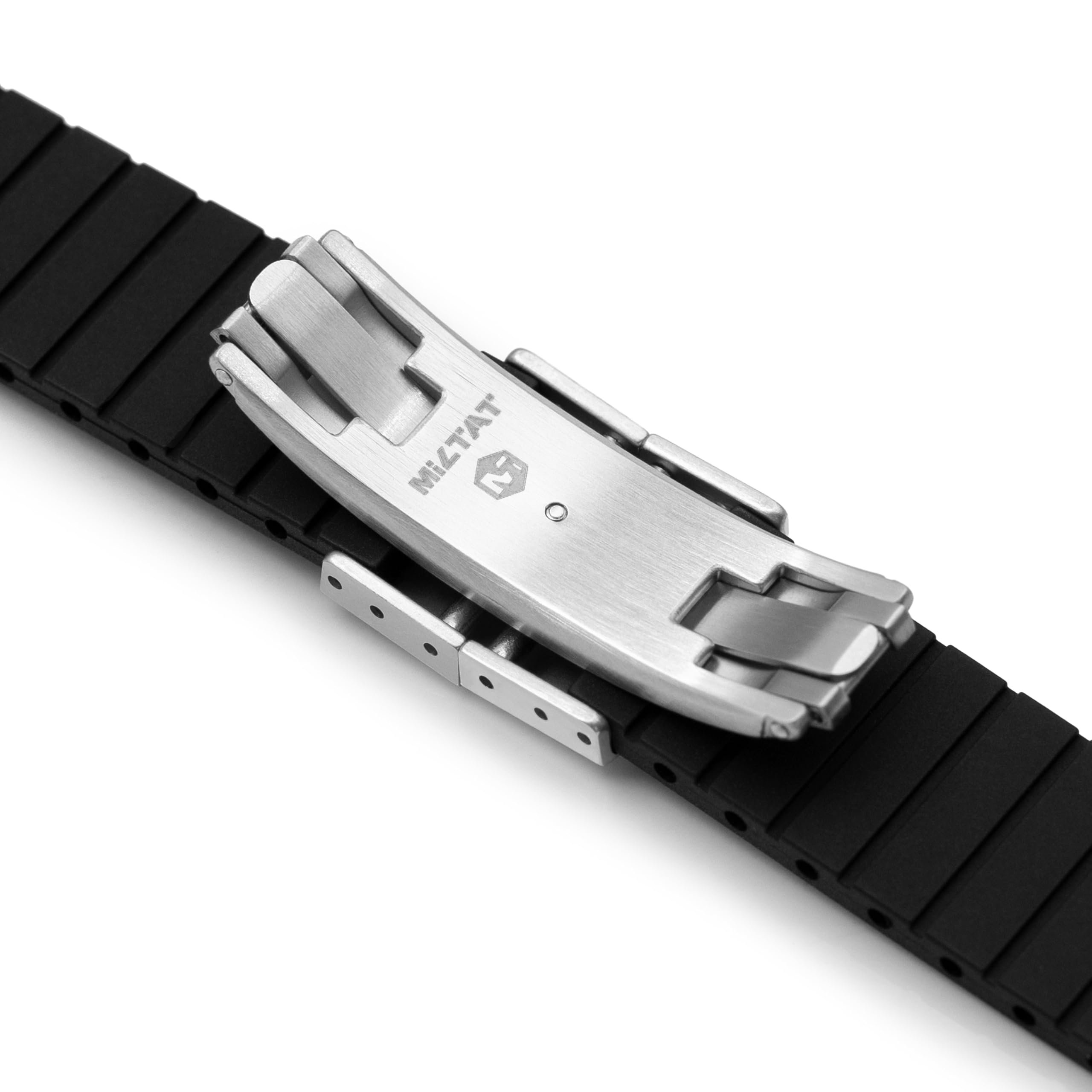 MiLTAT Bracelet de montre FKM à dégagement rapide en caoutchouc noir de 21 mm avec fermoir déployant papillon, plat minimaliste