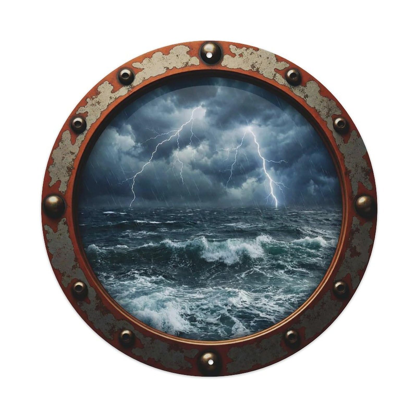 Vintage Porthole Stormy Sea Thunder View Vintage Metal Tin Sign Plaque Wall Decor for Cafe, Club Bar, Office, Garden Metal Poster 8x8Inch