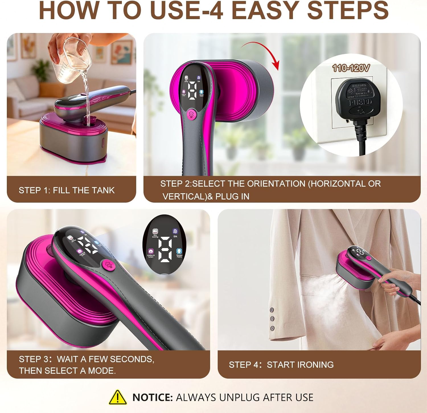 KOKABI 2-in-1 Travel Steamer Iron for Clothes, 1200W Mini Handheld Garment Steamer, 4 Modes with LED Display, Powerful Wrinkle Remover for Home & Travel, 10S Fast Heat-Up, 90° Rotation Ironing