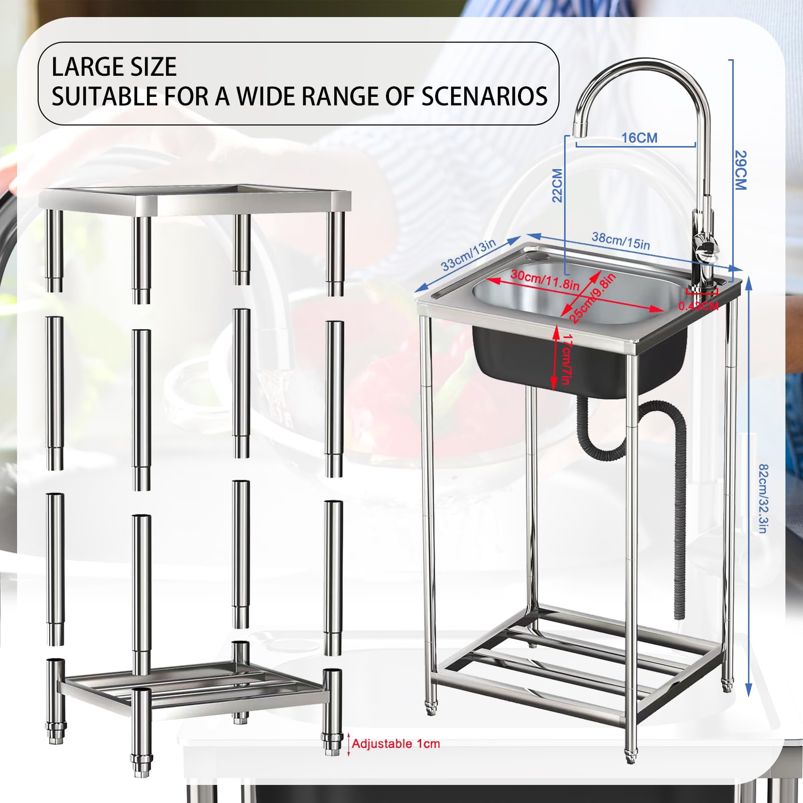 Gastro - Lavabo indipendente in acciaio inox, 33 x 38 x 82 cm, con rubinetto, dispositivo di scarico, per piantare fioriere e vasi, pulizia attrezzi da giardino