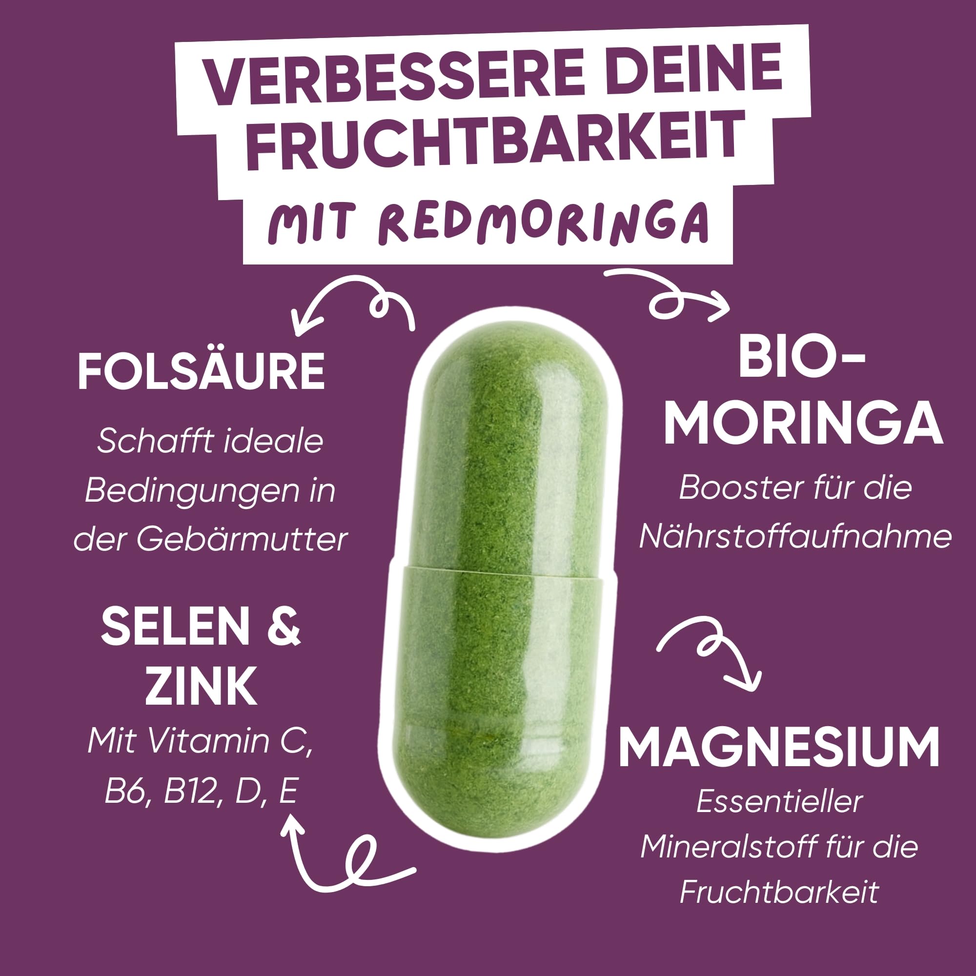 Red Moringa Kinderwunsch & Schwangerschaft Komplex - Moringa Kapseln mit Zink, Vitamin B12 & B6, Folsäure Kinderwunsch - Fördert weibliche Fruchtbarkeit, Hormonunterstützung & Zyklus - 180 Kapseln